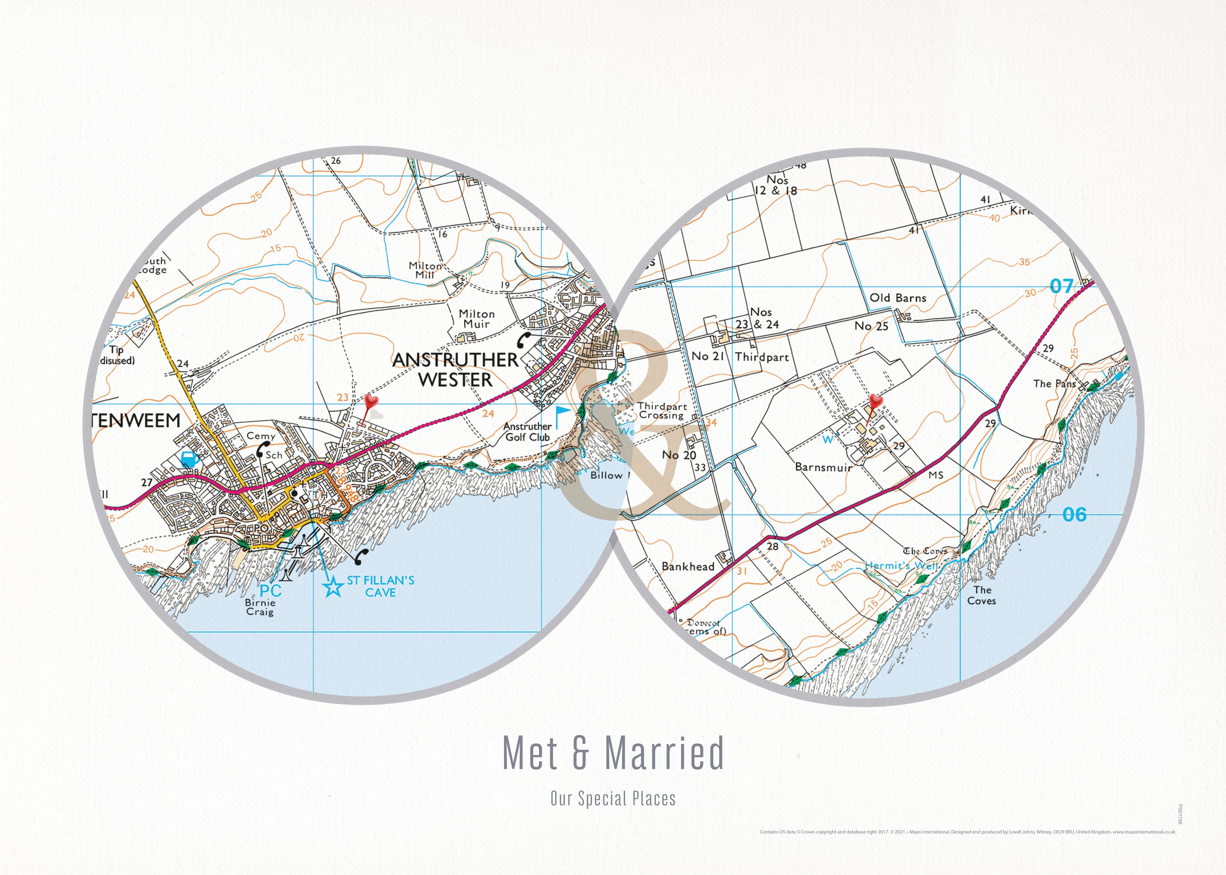 PS01804_3_MATTP - Personalised Postcodes Two Circle Locations Map Print
