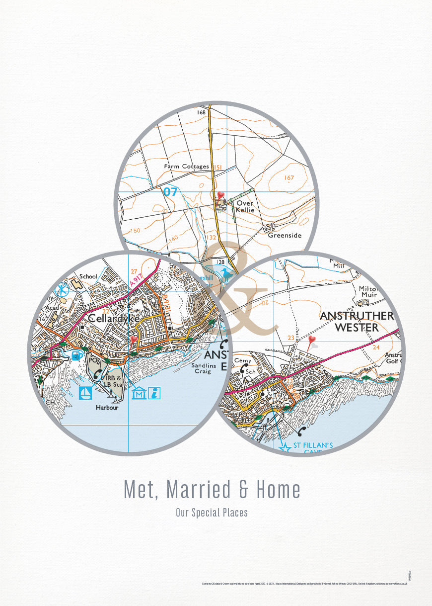 PS01803_3_MATTP - Personalised Postcodes Three Circle Locations Map Print