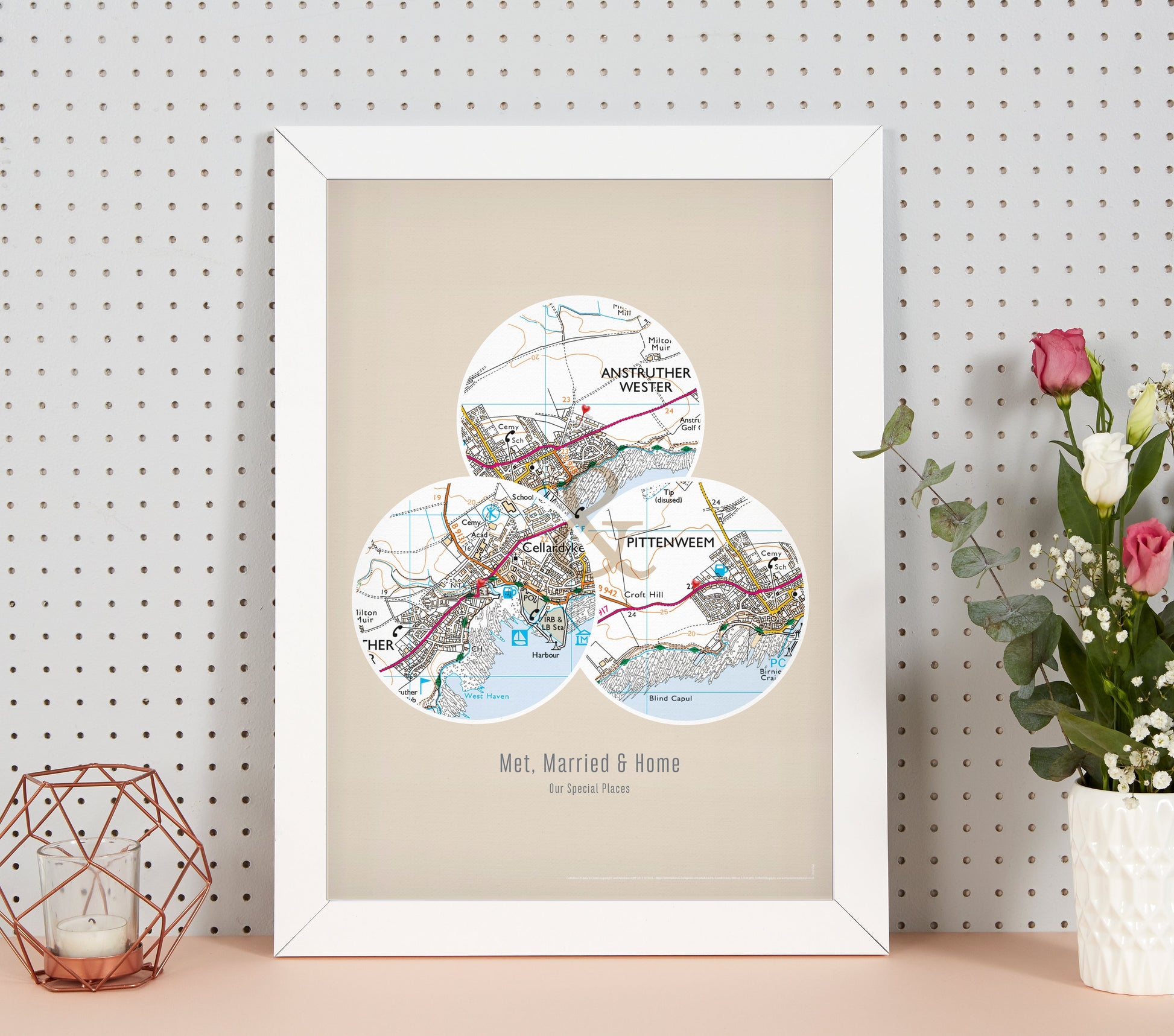 PS01803_3_WDWHI - Personalised Postcodes Three Circle Locations Map Print