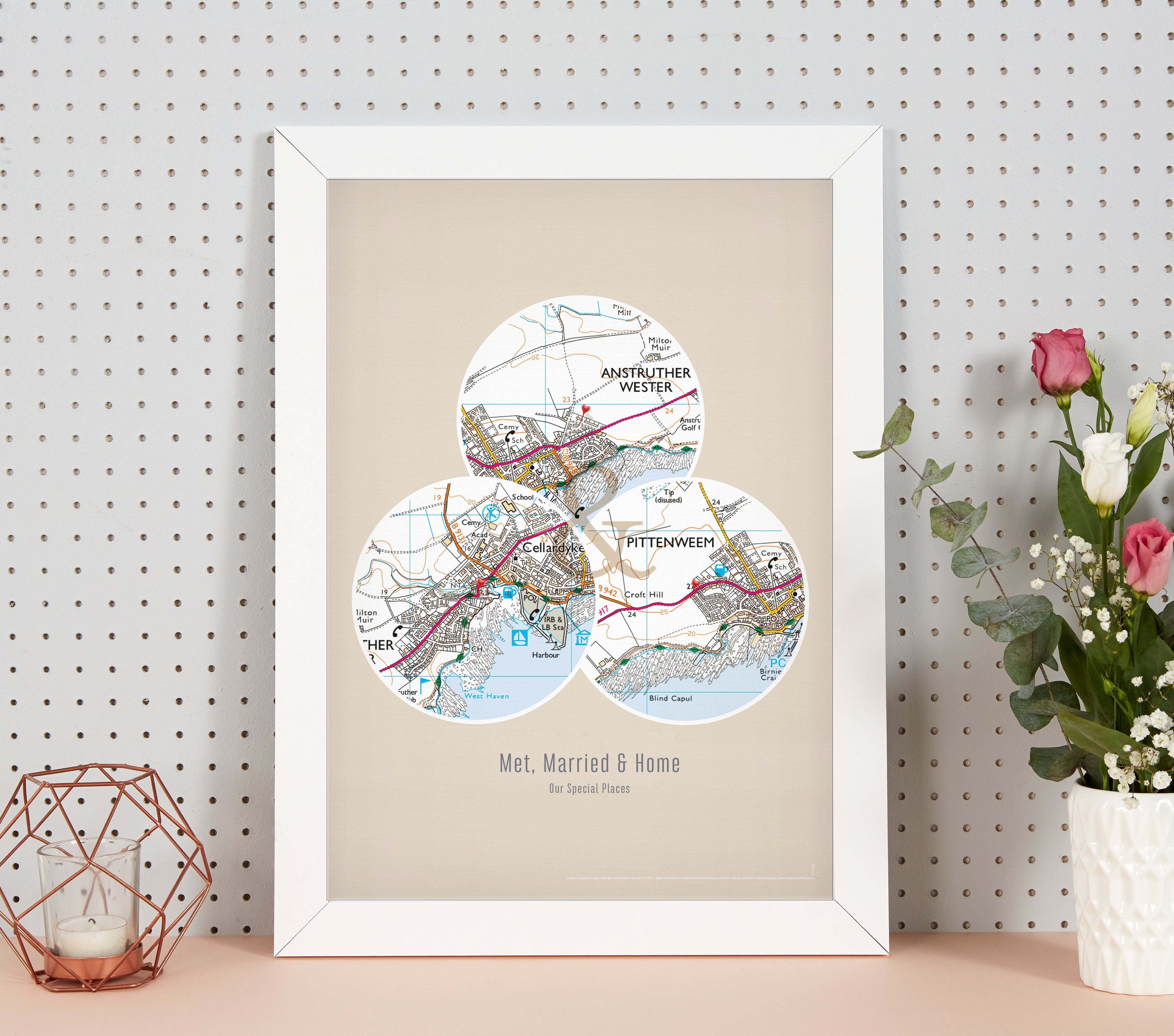 PS01803_3_WDWHI - Personalised Postcodes Three Circle Locations Map Print