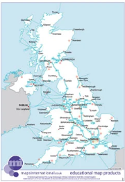 UK map with major transport links including motorways and airports.