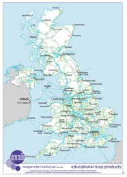 UK map with major transport links including motorways, primary routes, ferry routes and airports.