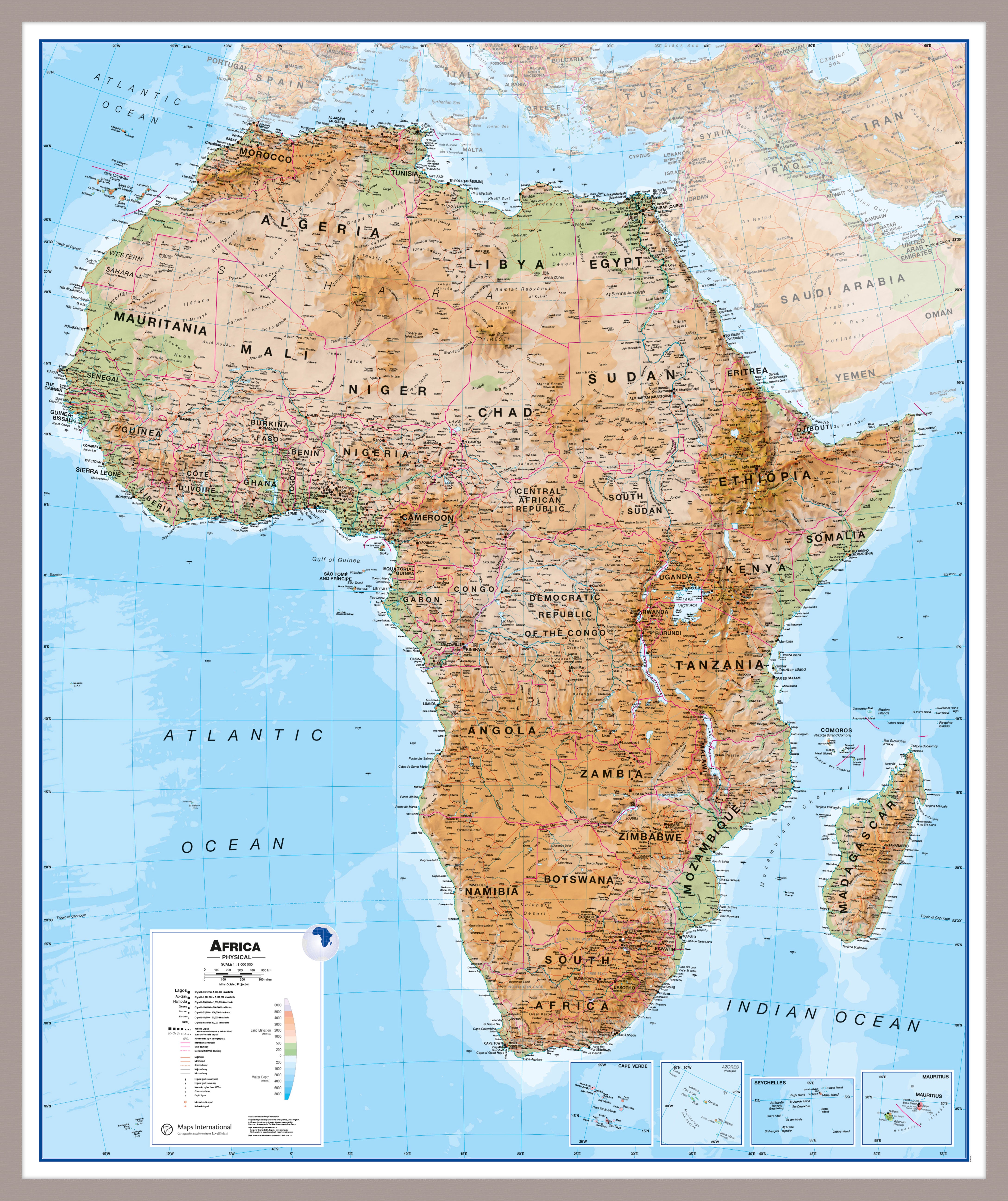 Africa Wall Map Physical Aluminium Frame