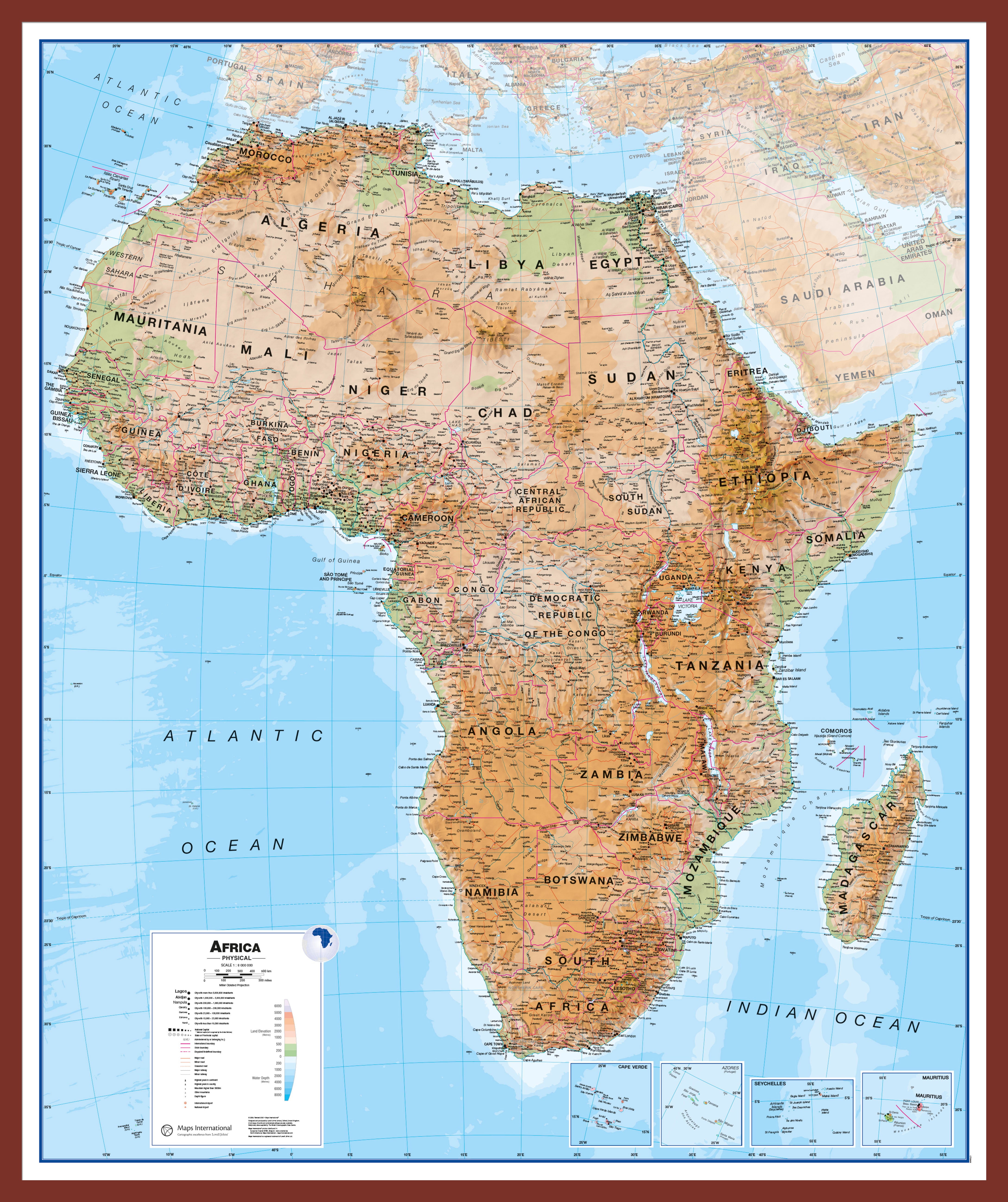 Africa Wall Map Physical Oak Frame Pinok