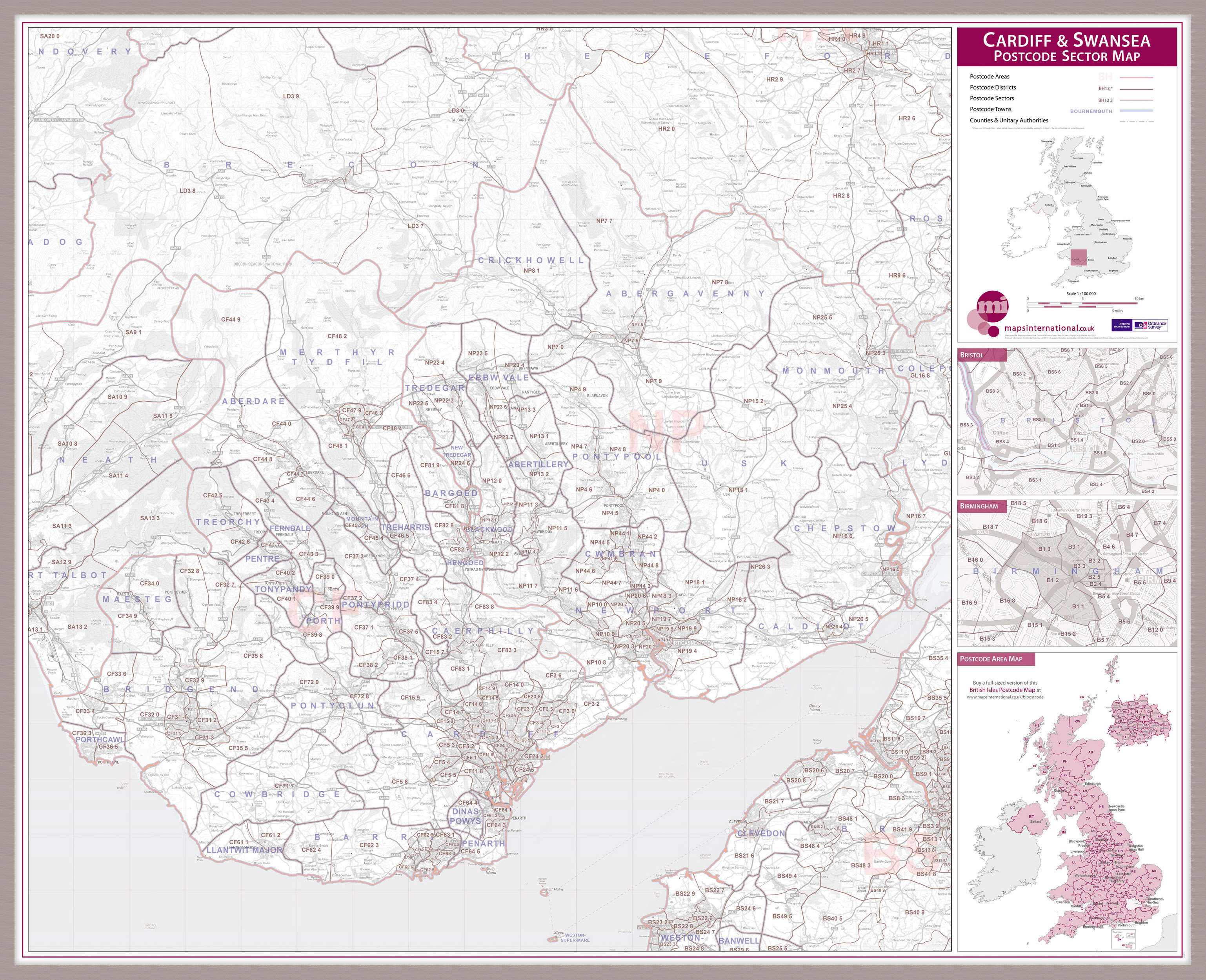 UK00767_L_MGFAL - Cardiff and Swansea Postcode Sector Map