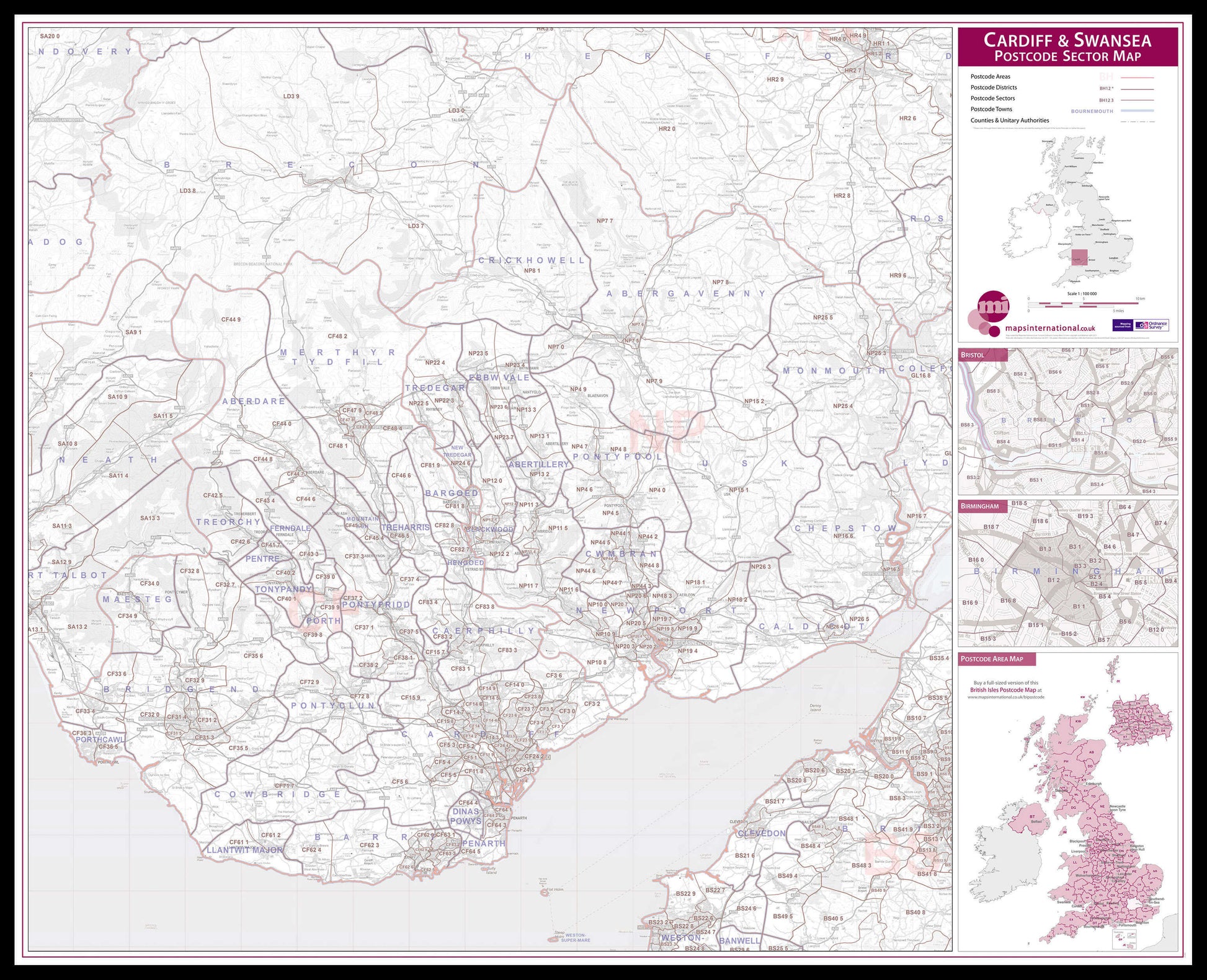 UK00767_L_LBDBL - Cardiff and Swansea Postcode Sector Map