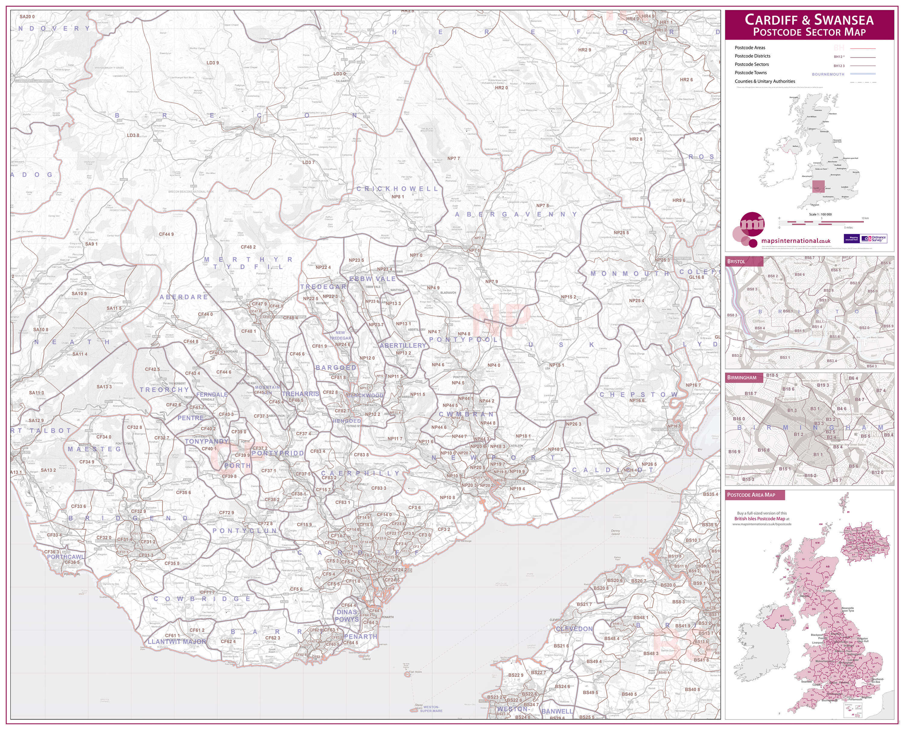UK00767_L_PAPER - Cardiff and Swansea Postcode Sector Map