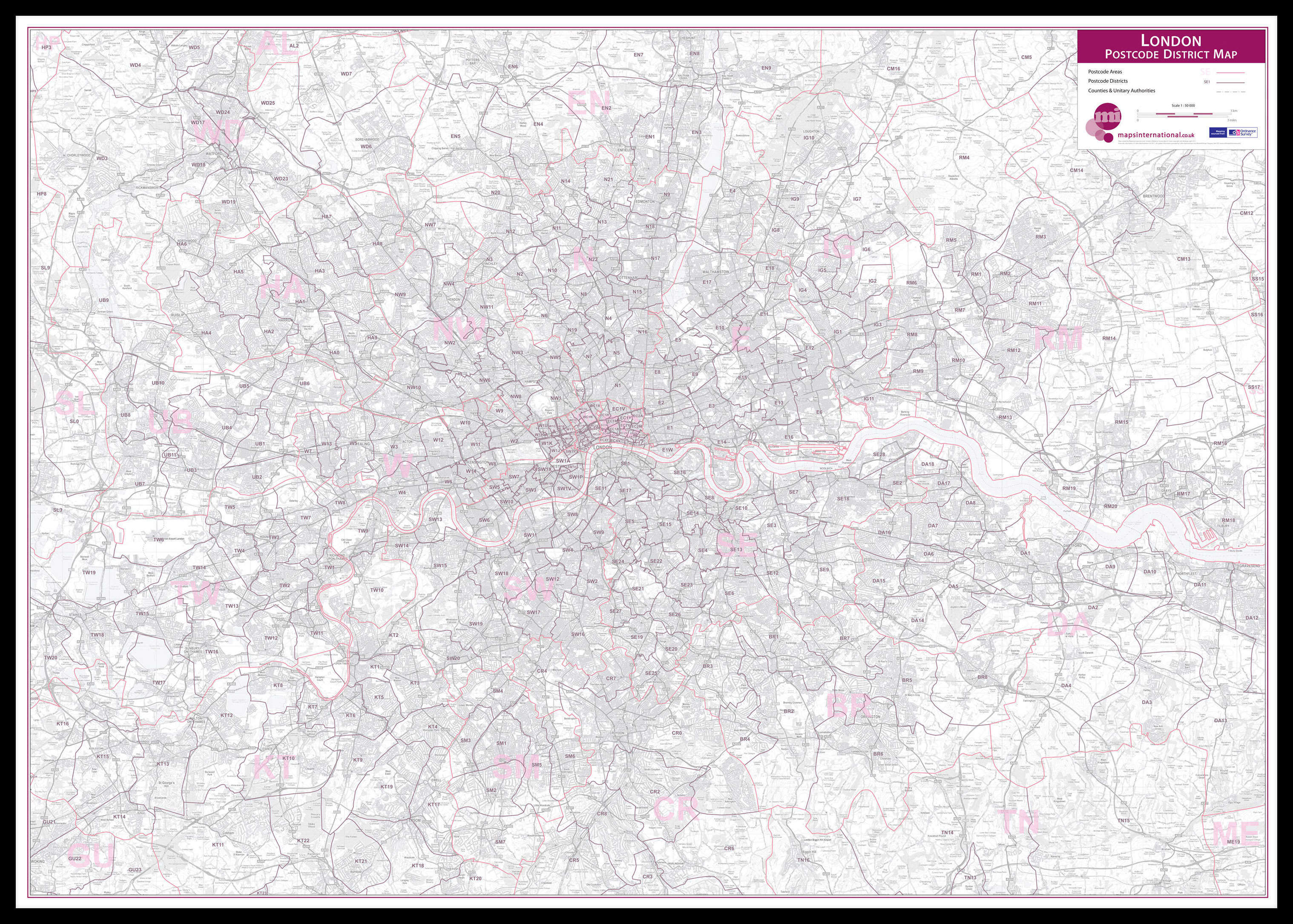UK00252_L_LBDBL - London Postcode District Wall Map (within M25)