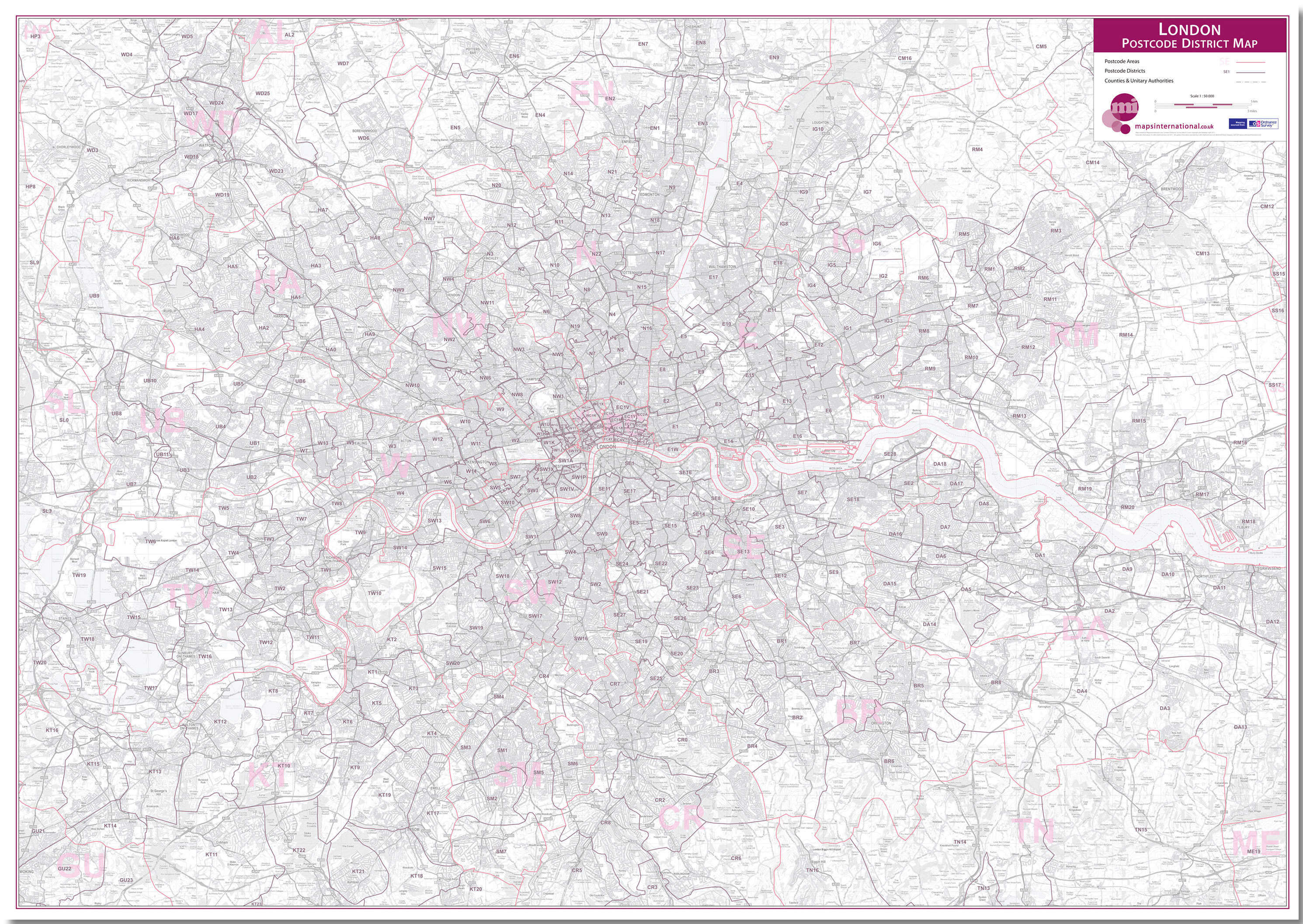 UK00252_L_LMBRD - London Postcode District Wall Map (within M25)