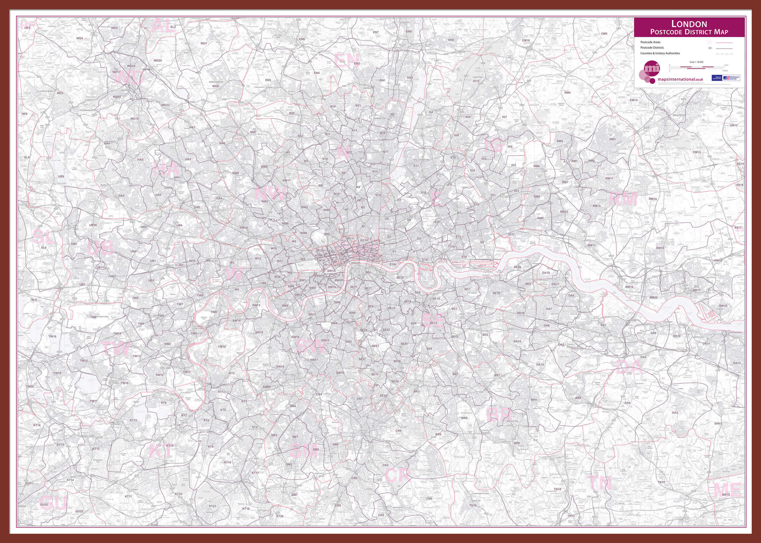 UK00252_L_LBDOK - London Postcode District Wall Map (within M25)