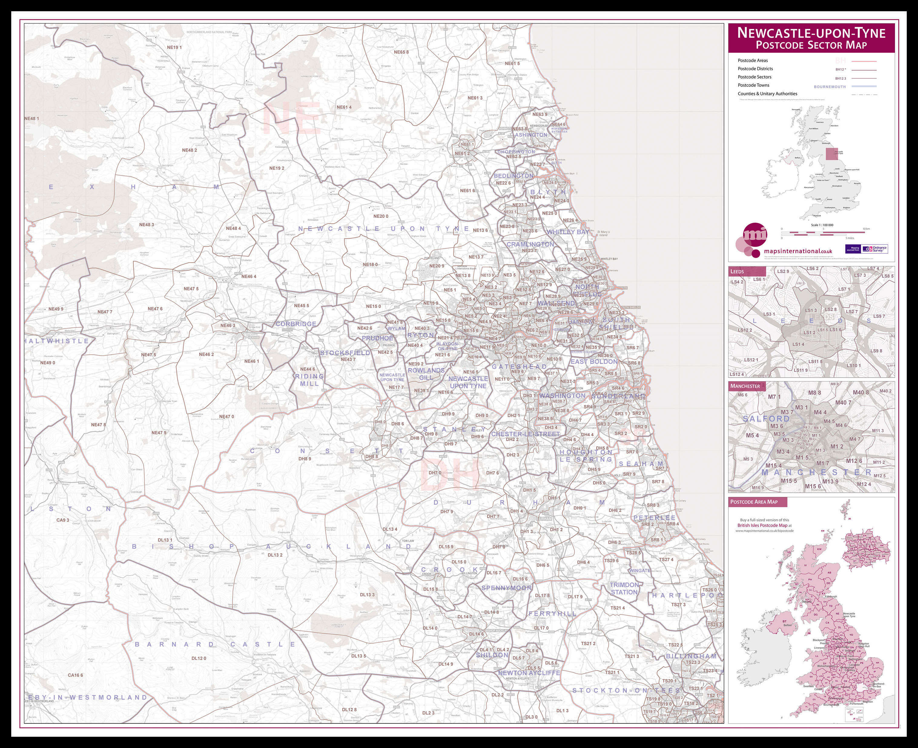 UK00779_L_LBDBL - Newcastle upon Tyne, Sunderland and Durham Postcode Sector Map