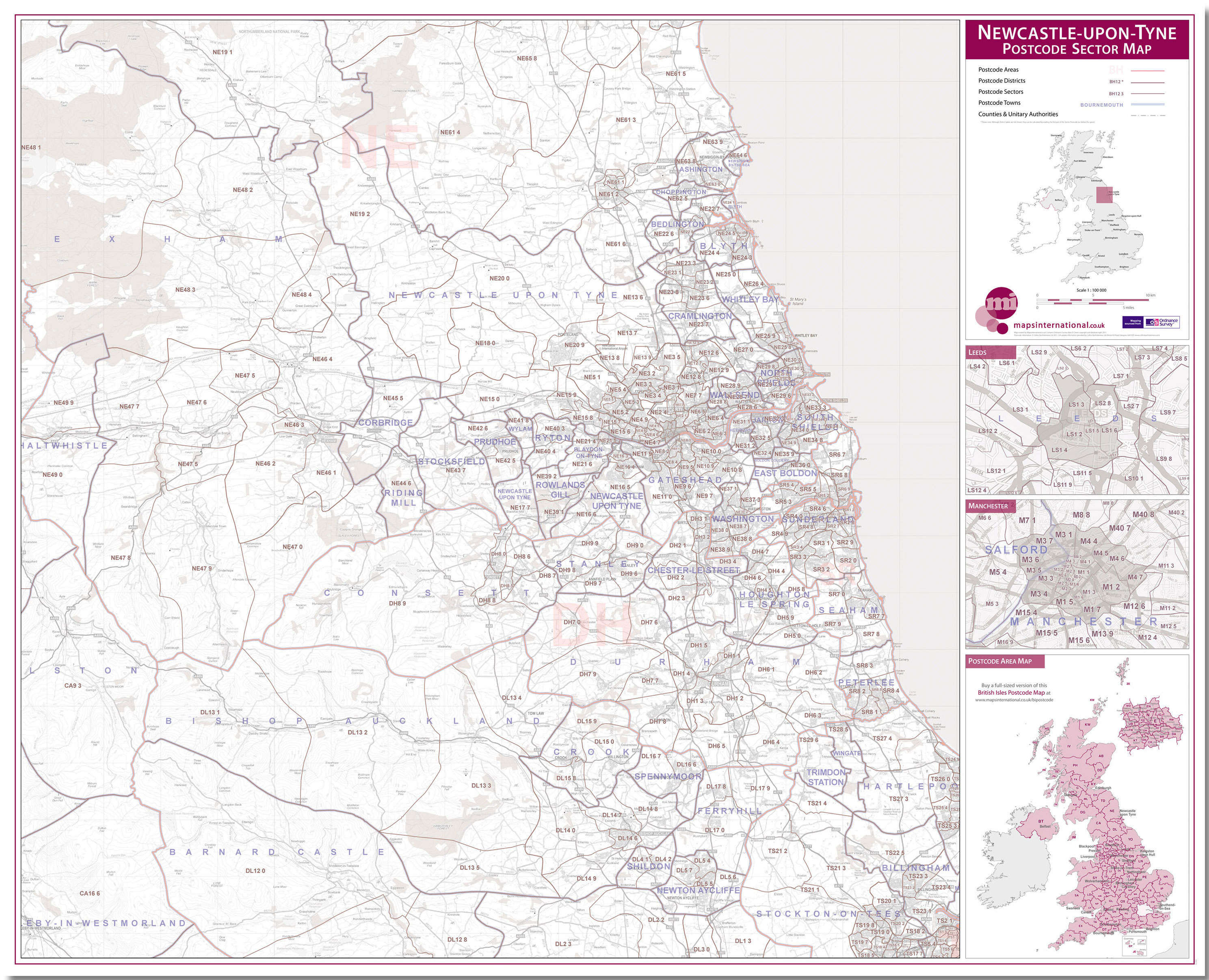 UK00779_L_LMBRD - Newcastle upon Tyne, Sunderland and Durham Postcode Sector Map