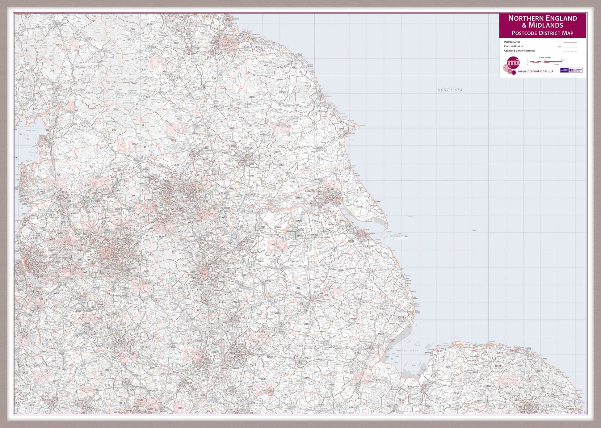 UK00035_L_MGFAL - Northern England and the Midlands Postcode District Map