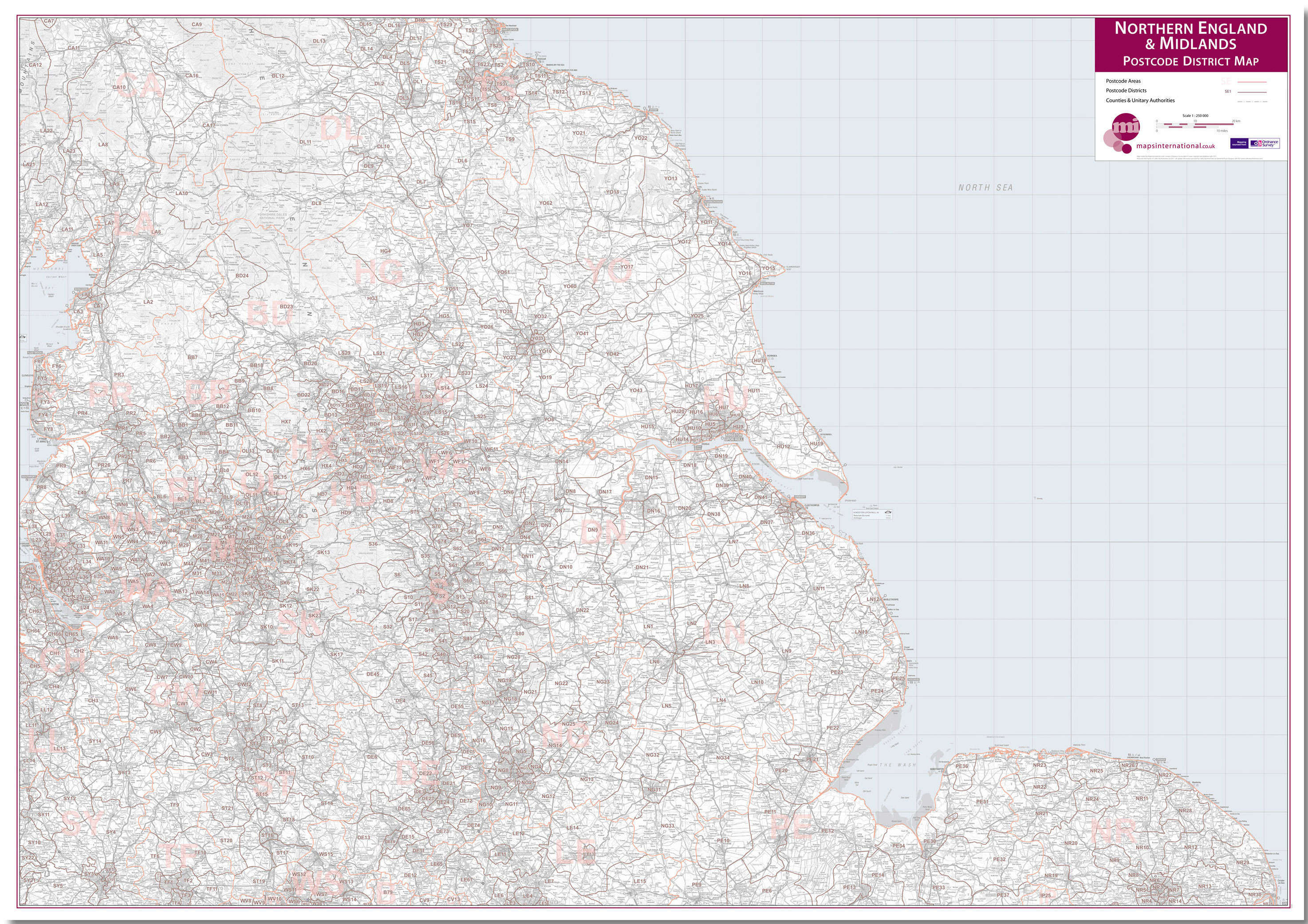 UK00035_L_LMBRD - Northern England and the Midlands Postcode District Map