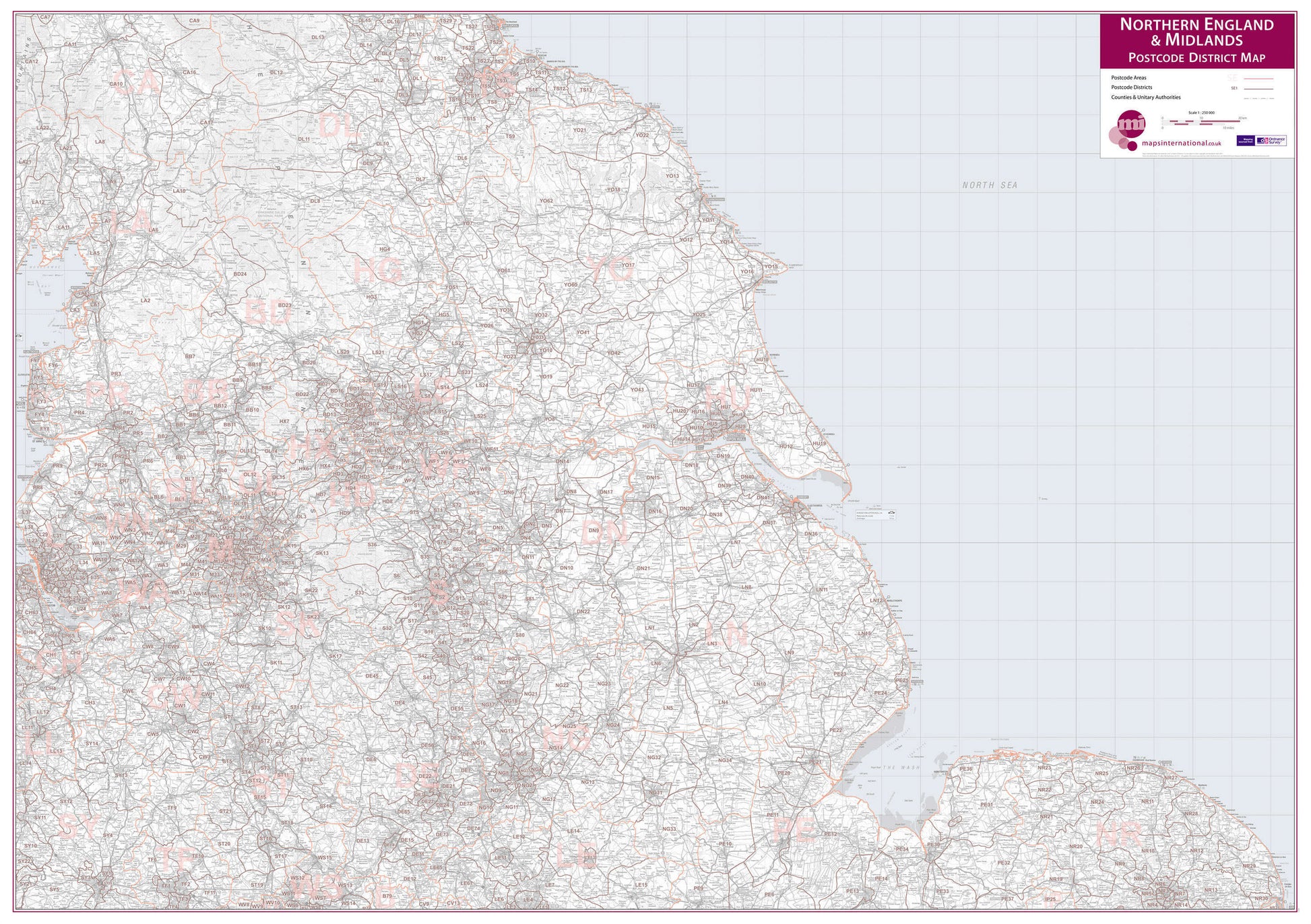 UK00035_L_LAMIN - Northern England and the Midlands Postcode District Map