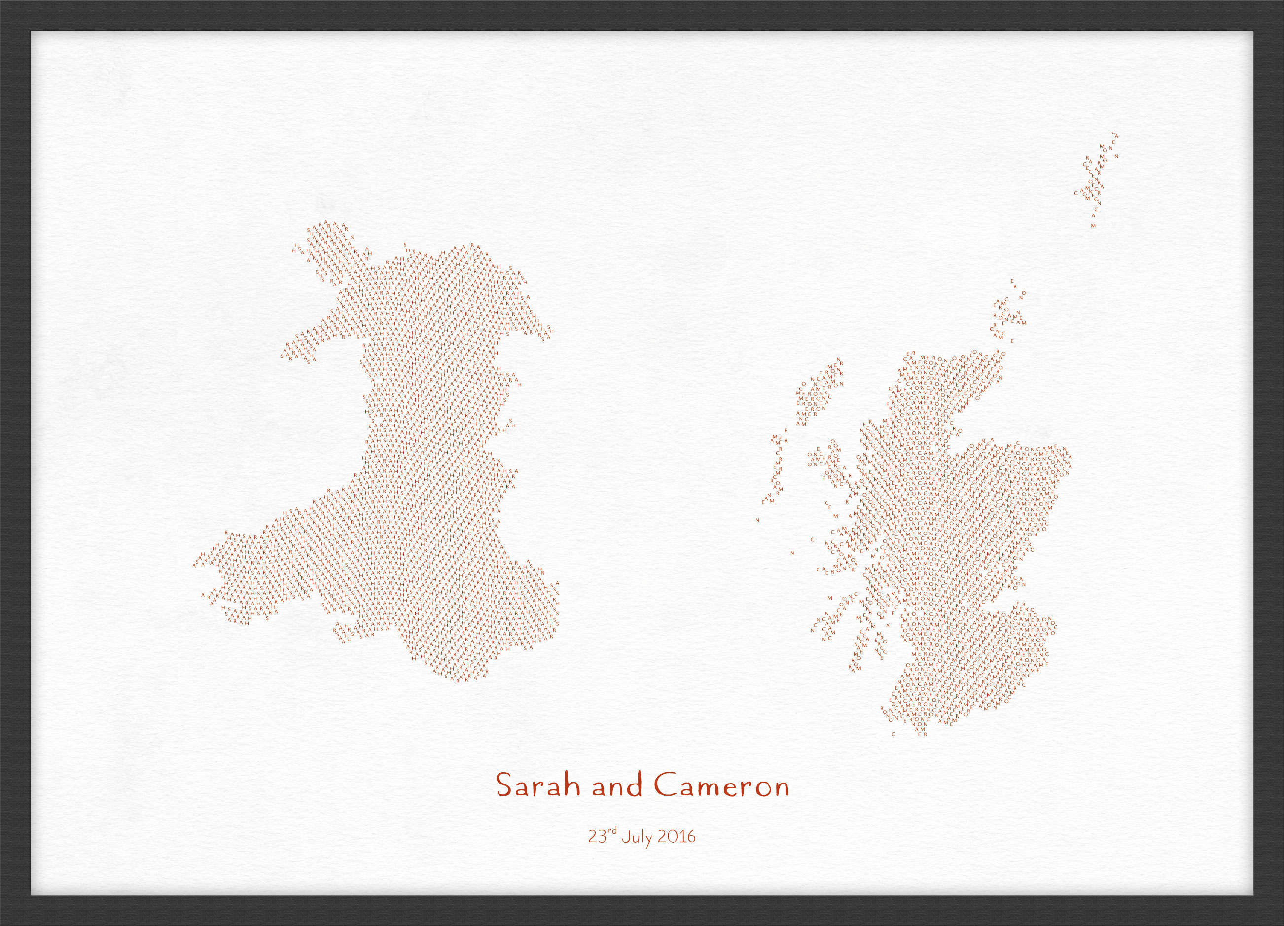 PS01602_S_WDBLA - Personalised Country Name Text Map Print - Burnt Orange