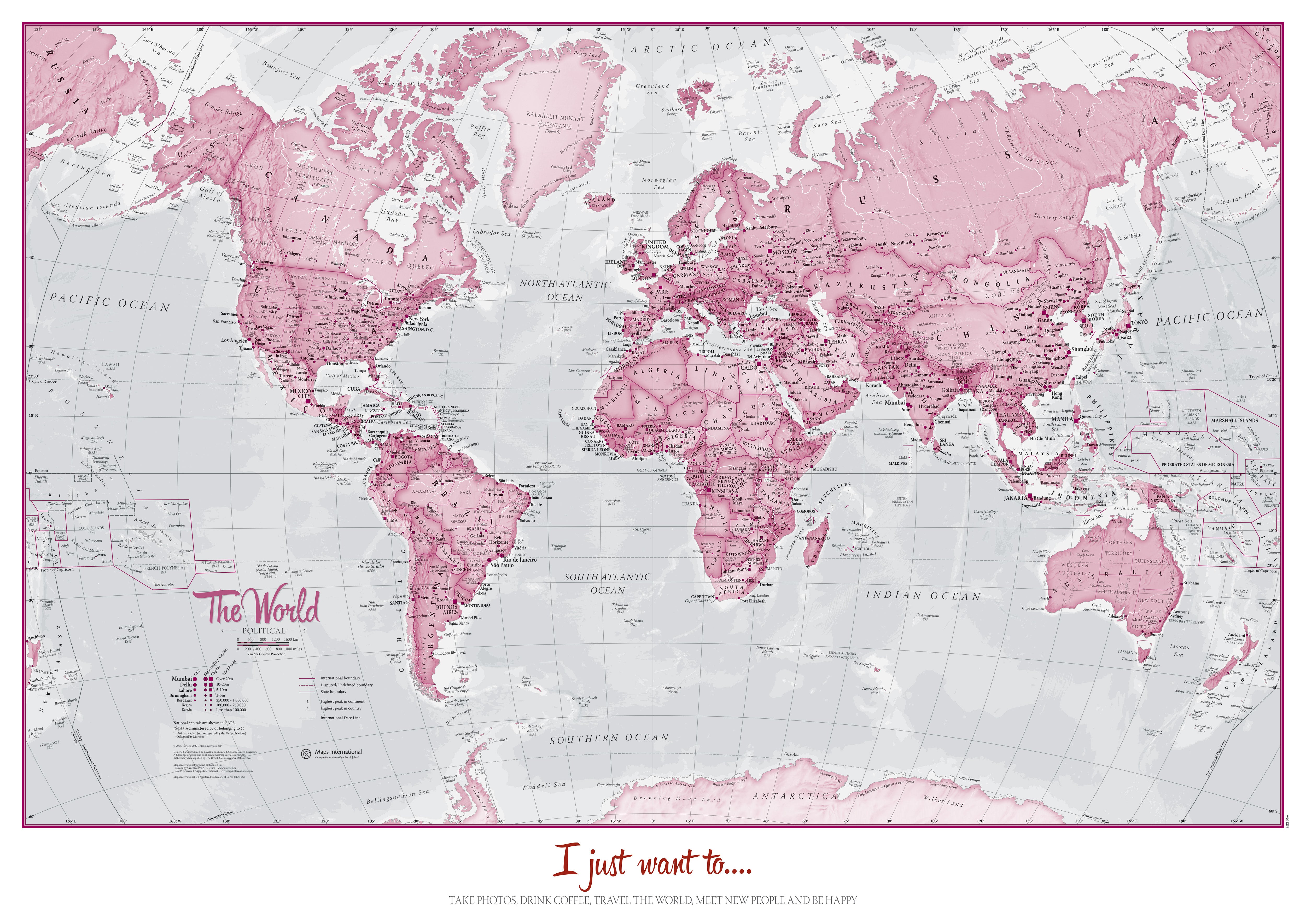 Personalised World Is Art Wall Map Pink