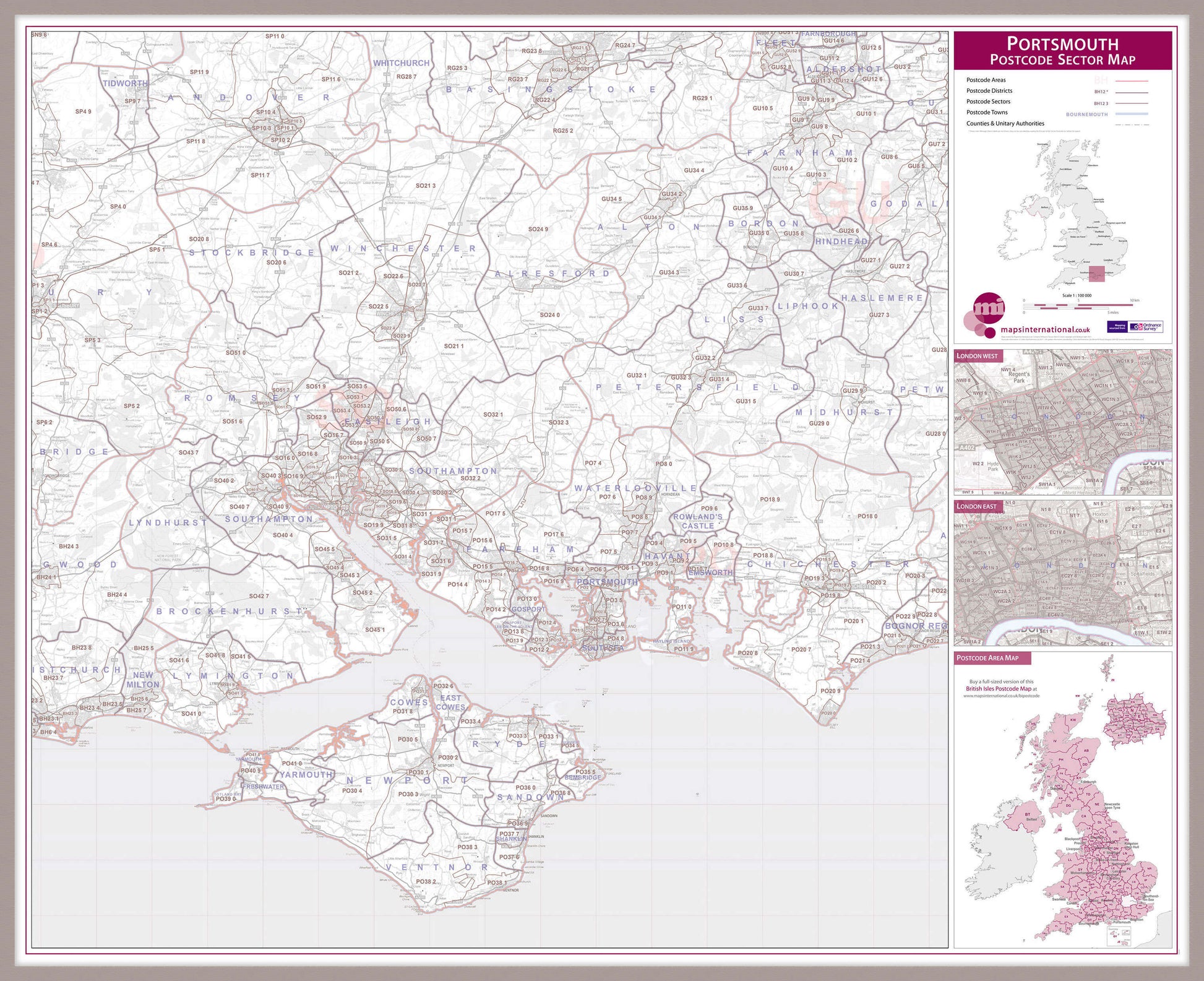 UK00783_L_LBDAL - Portsmouth, Southampton and Isle of Wight Postcode Sector Map