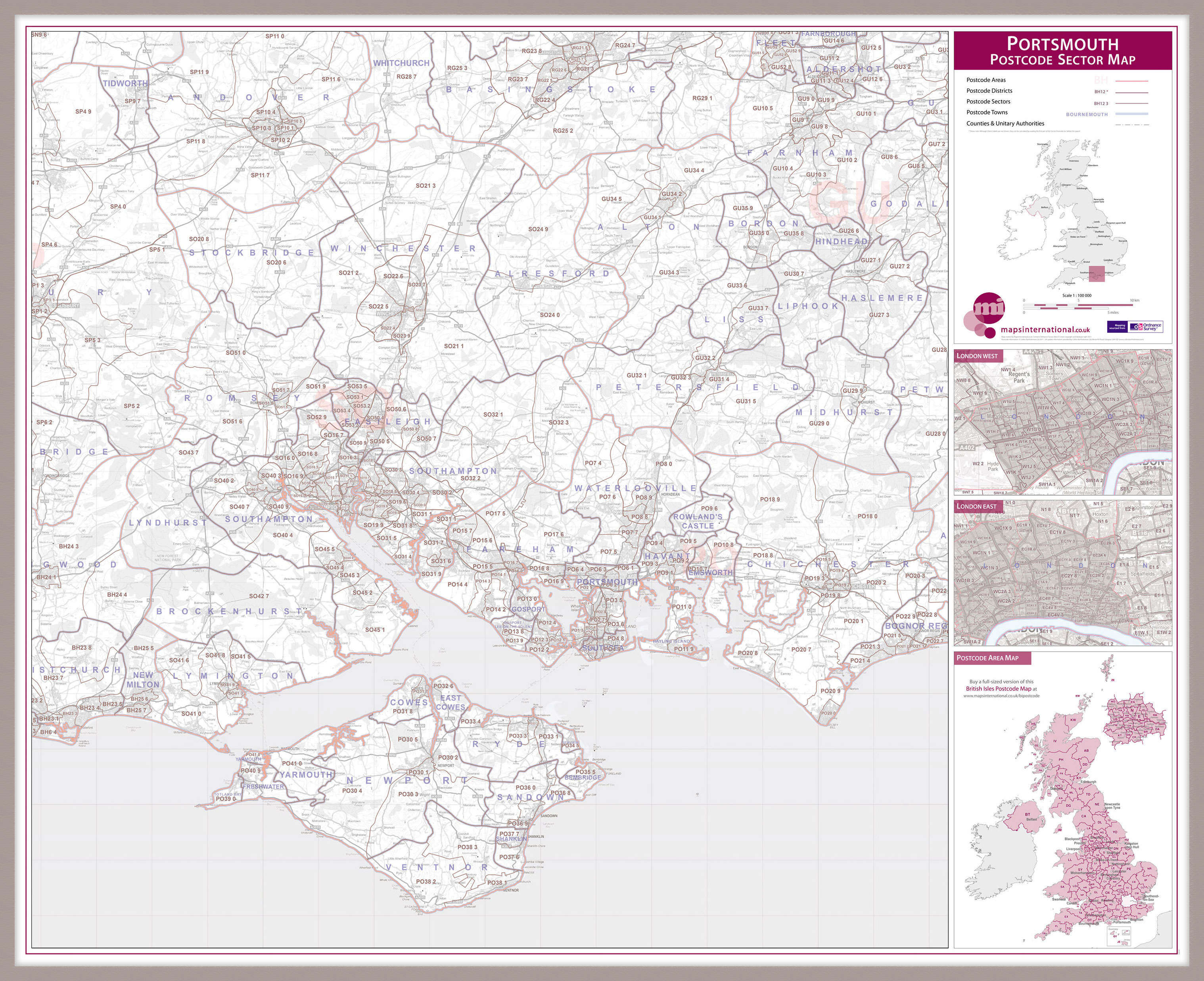UK00783_L_MGFAL - Portsmouth, Southampton and Isle of Wight Postcode Sector Map