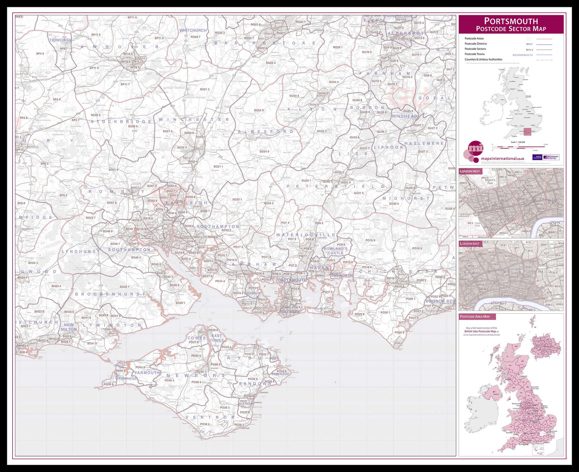 UK00783_L_LBDBL - Portsmouth, Southampton and Isle of Wight Postcode Sector Map
