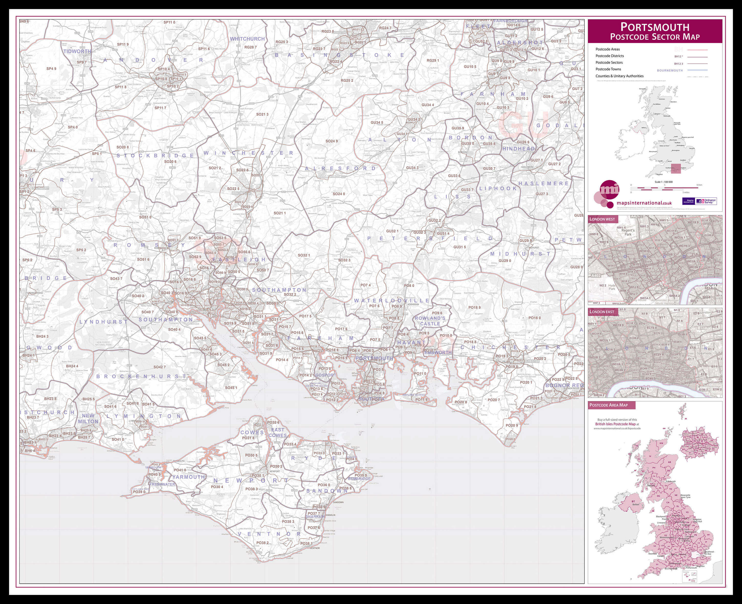 UK00783_L_LBDBL - Portsmouth, Southampton and Isle of Wight Postcode Sector Map