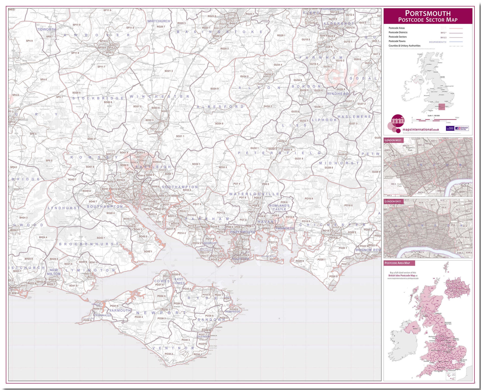 UK00783_L_LMBRD - Portsmouth, Southampton and Isle of Wight Postcode Sector Map