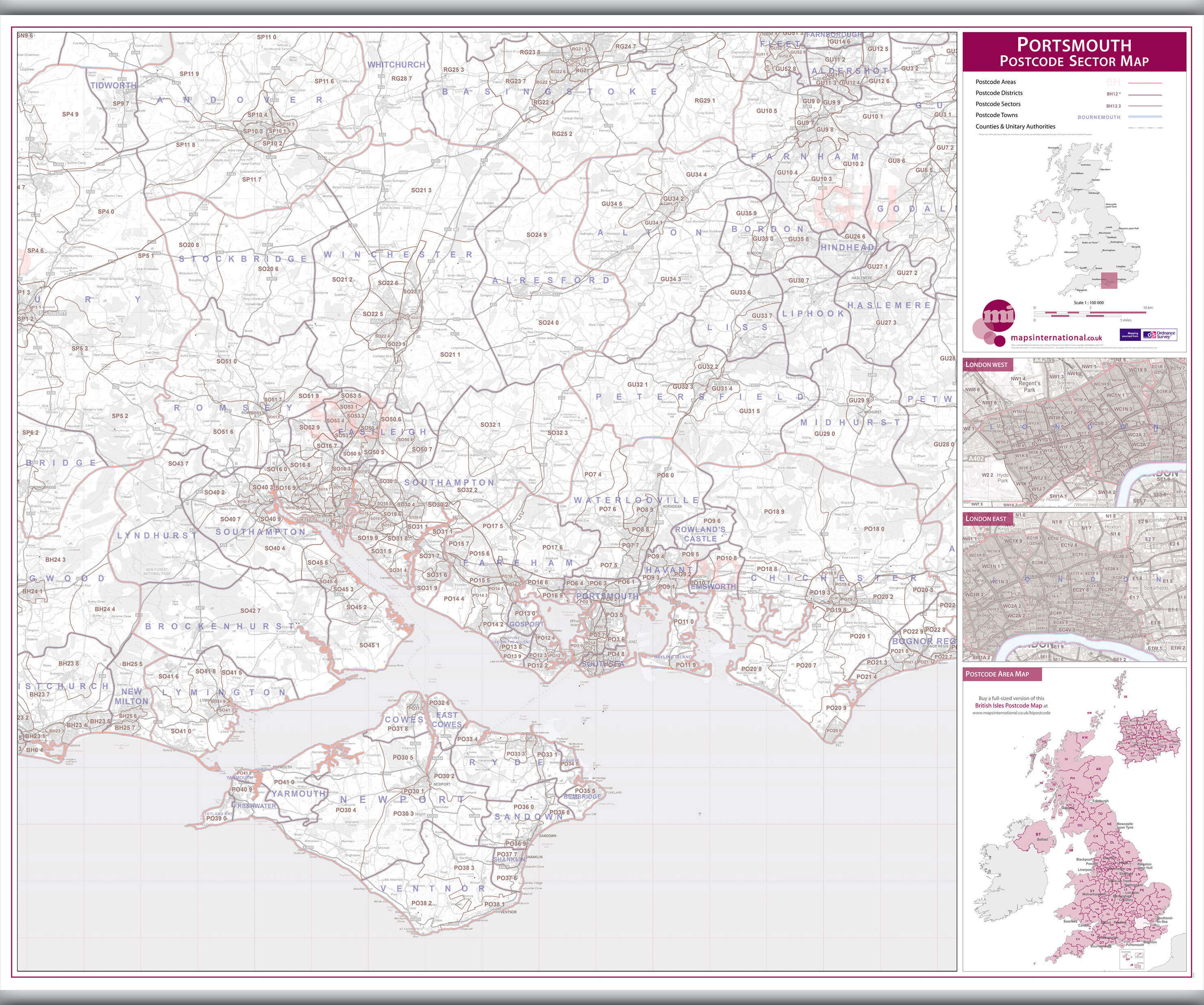 UK00783_L_LAMHB - Portsmouth, Southampton and Isle of Wight Postcode Sector Map