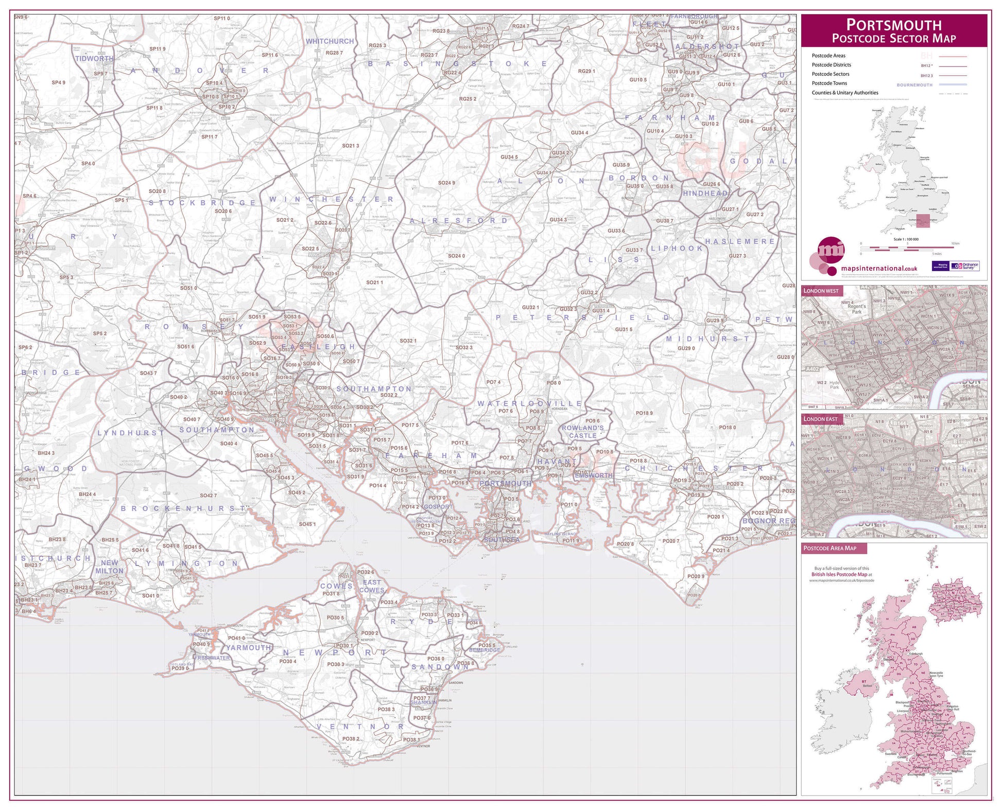 UK00783_L_PAPER - Portsmouth, Southampton and Isle of Wight Postcode Sector Map