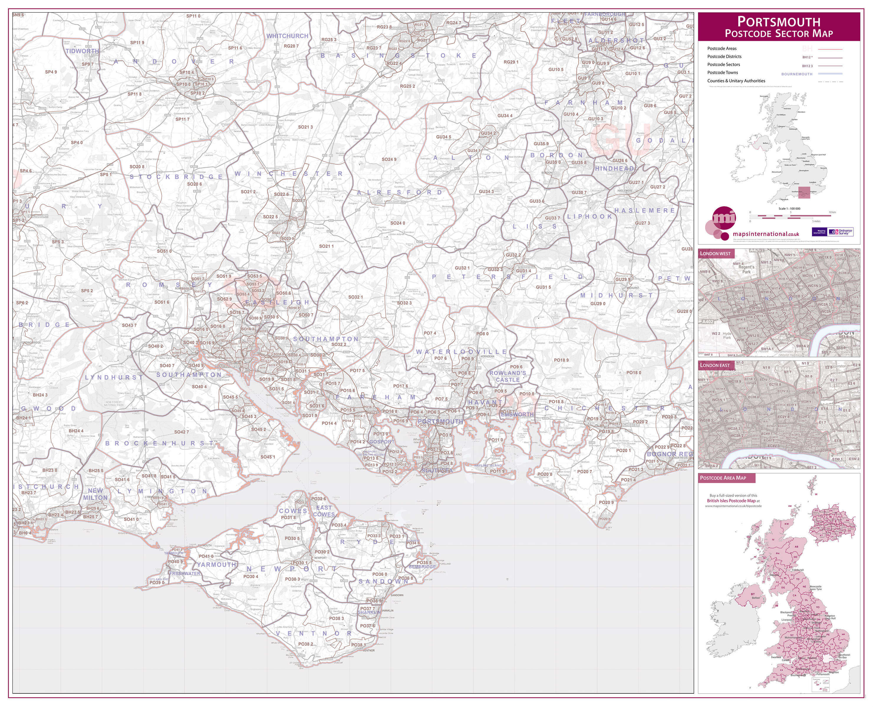 UK00783_L_PAPER - Portsmouth, Southampton and Isle of Wight Postcode Sector Map