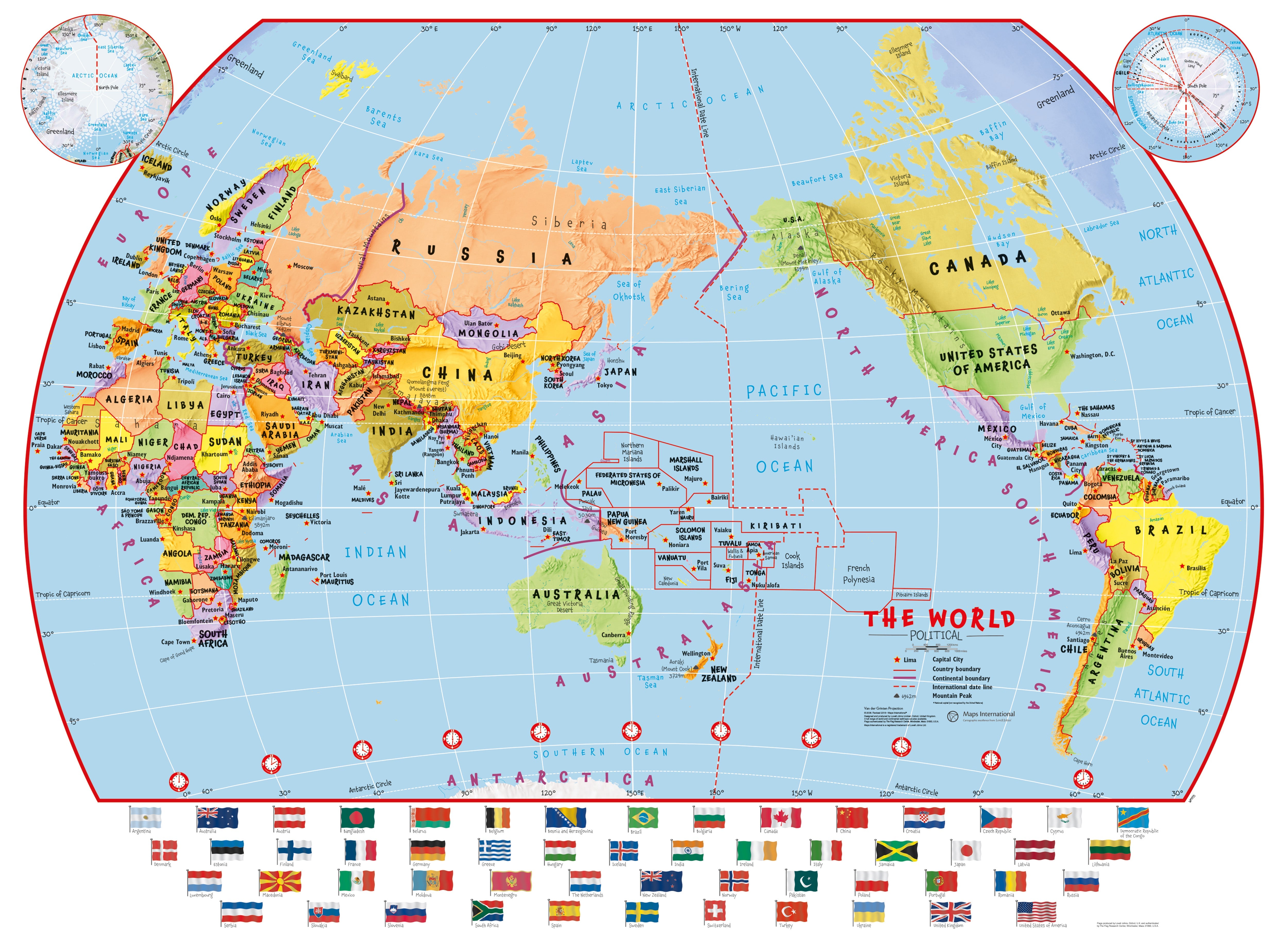 WM00455_L_PAPER - Primary Pacific Centred World Wall Map Political with flags