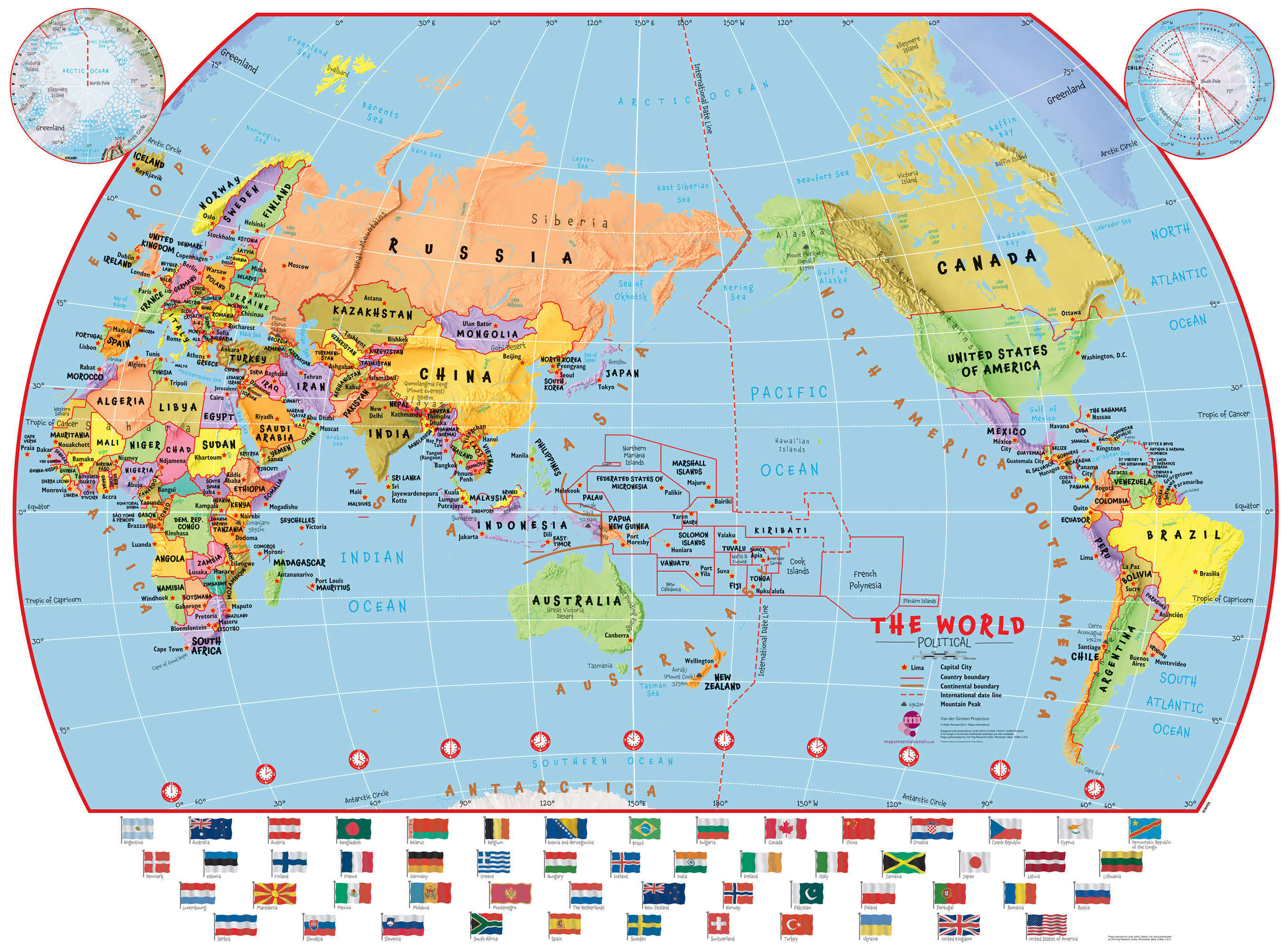 WM00455_L_PAPER - Primary Pacific Centred World Wall Map Political with flags