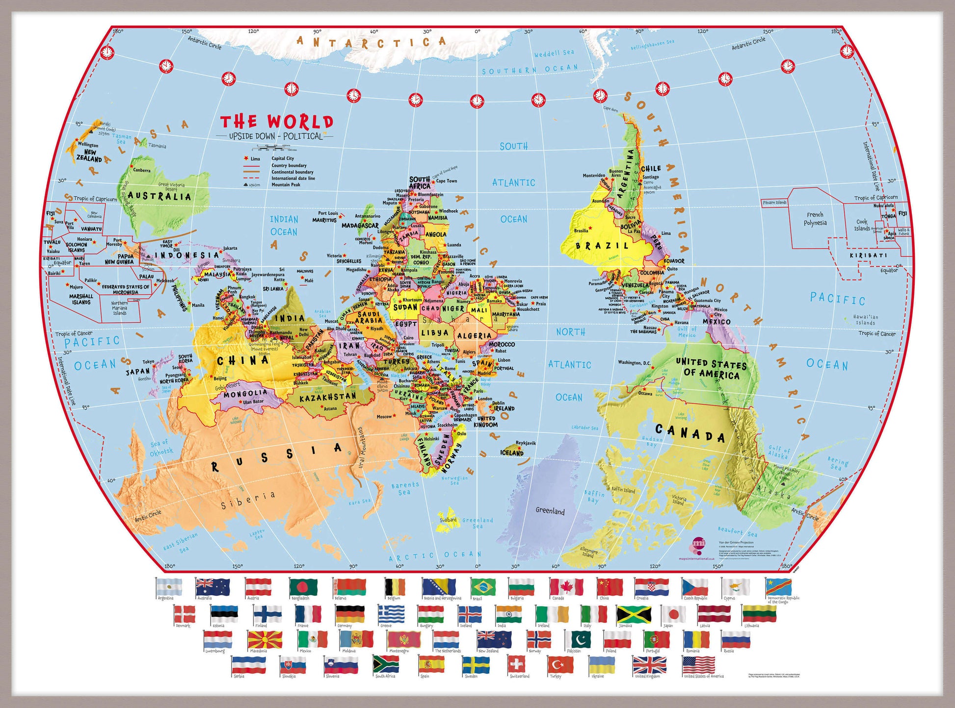 WM00457_L_LBDAL - Primary Upside Down World Wall Map Political with flags