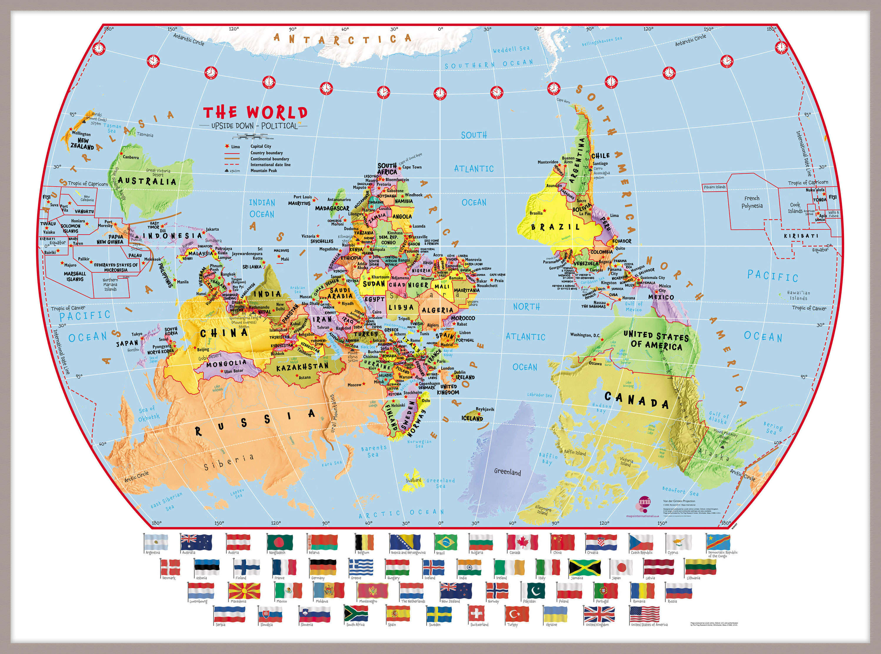 WM00457_L_MGFAL - Primary Upside Down World Wall Map Political with flags