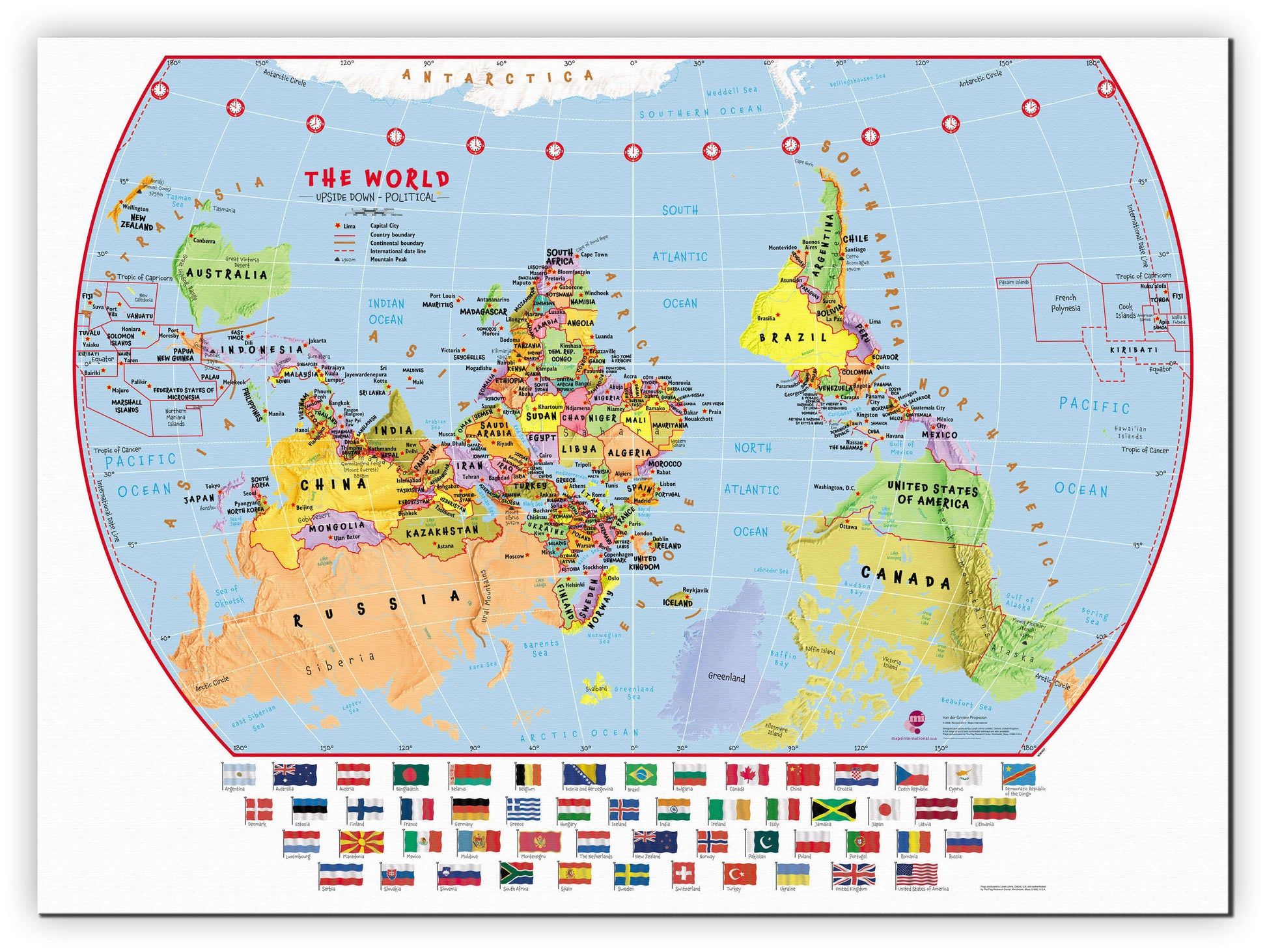 WM00457_L_CANVA - Primary Upside Down World Wall Map Political with flags