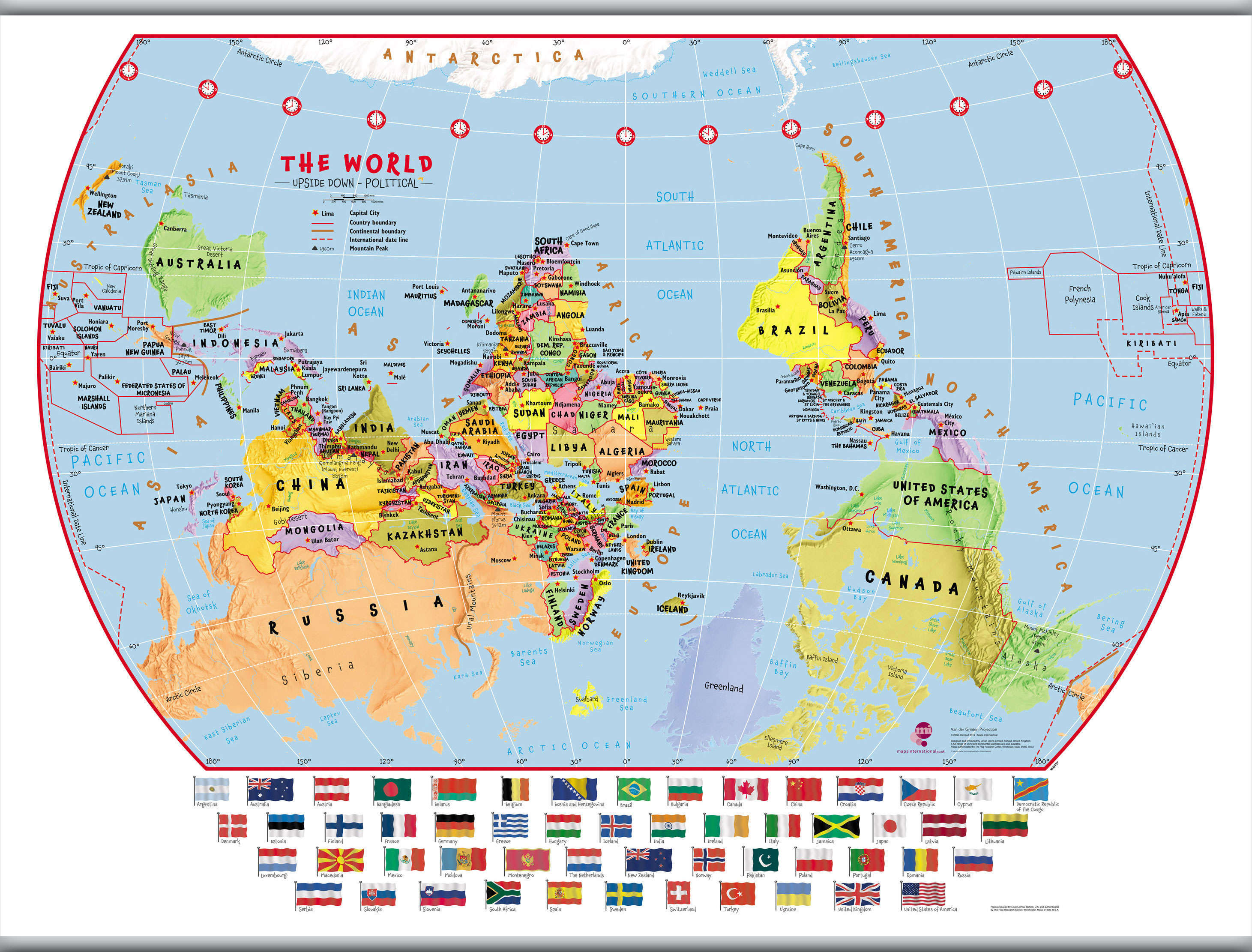 WM00457_L_LAMHB - Primary Upside Down World Wall Map Political with flags