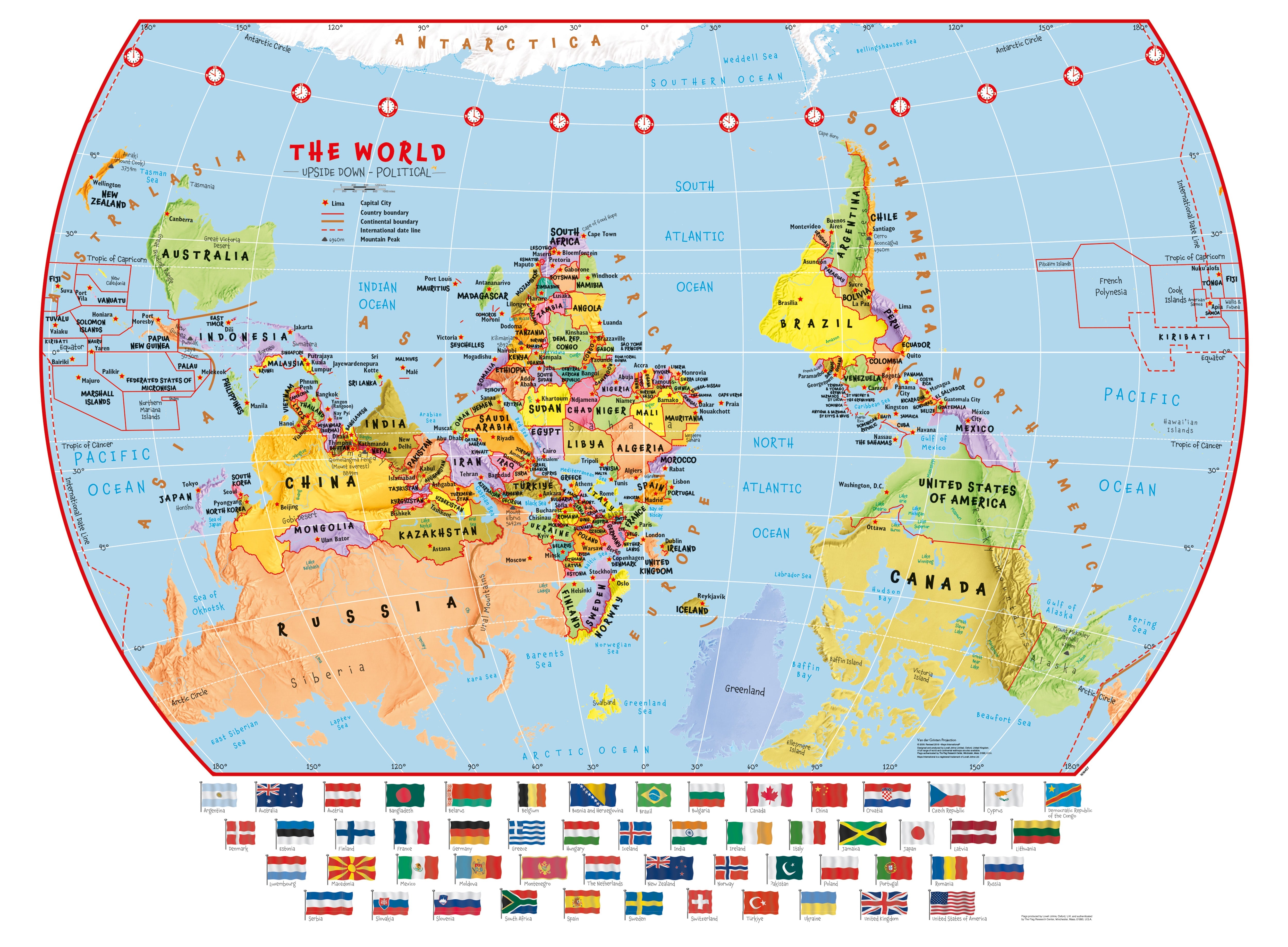 WM00457_L_PAPER - Primary Upside Down World Wall Map Political with flags