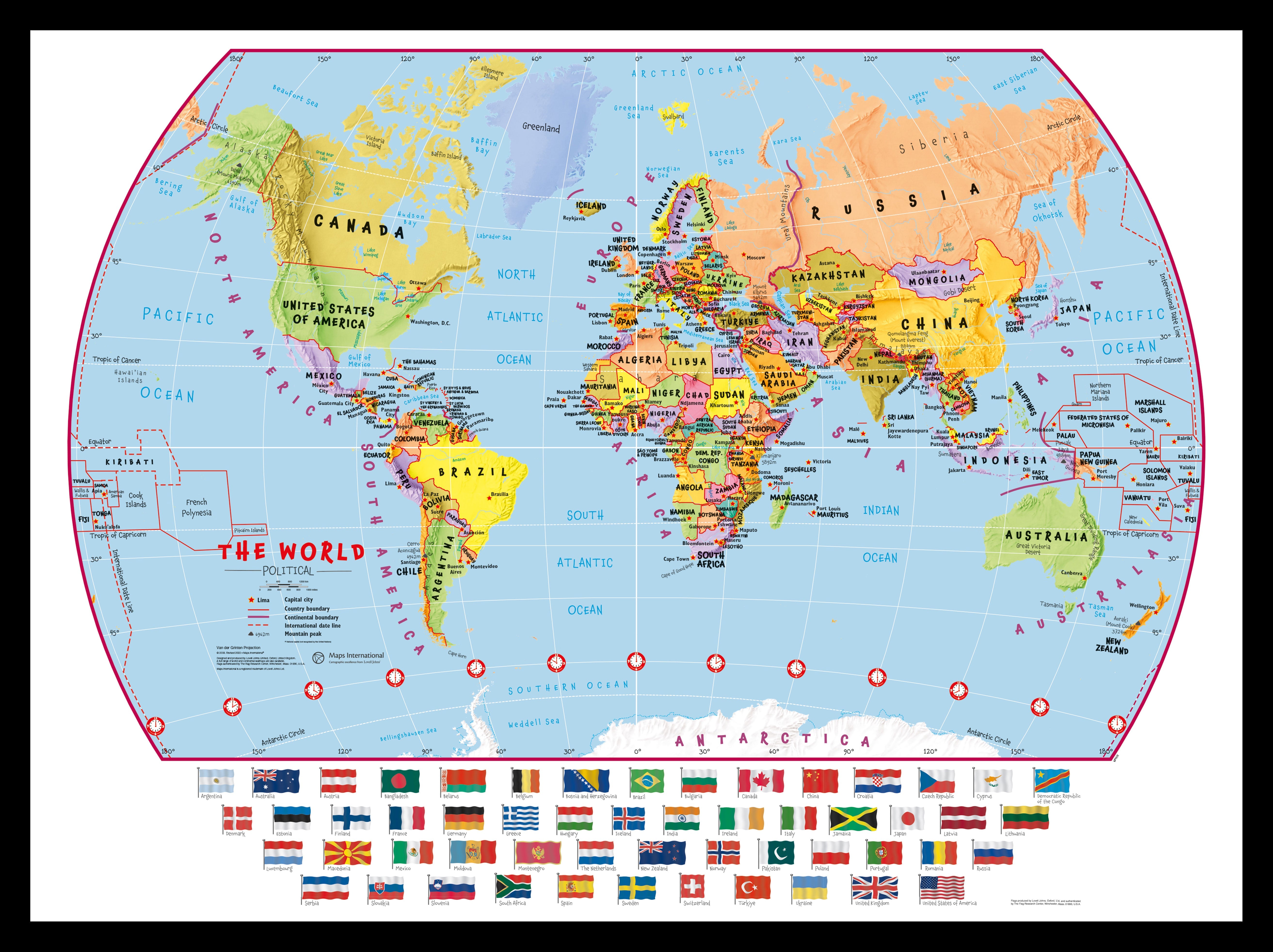 WM00414_S_PINBL - Primary World Wall Map Political with flags