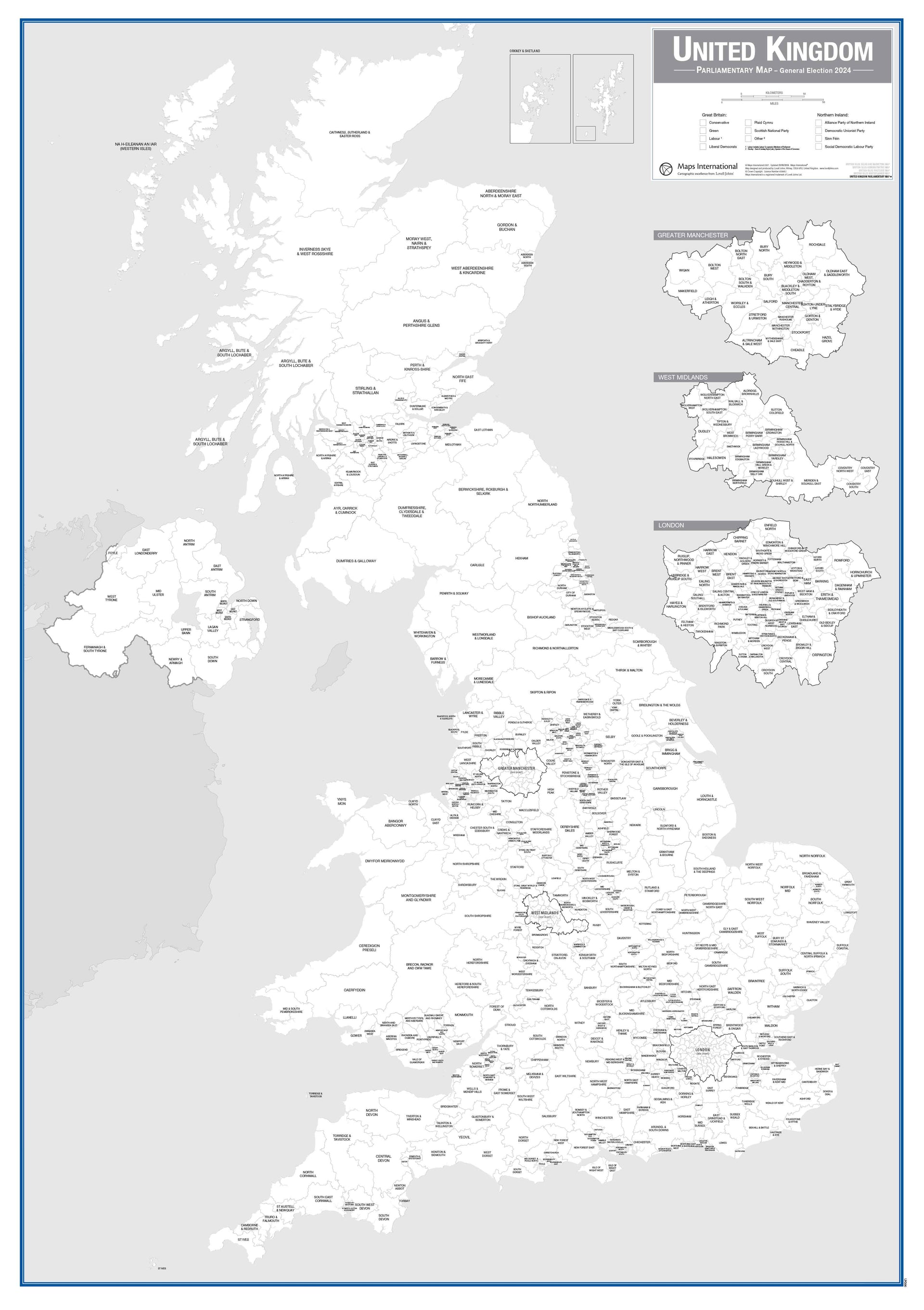 UK00399_L_PAPER UK Parliamentary Boundary Outline Map updated boundaries 2024 General Election