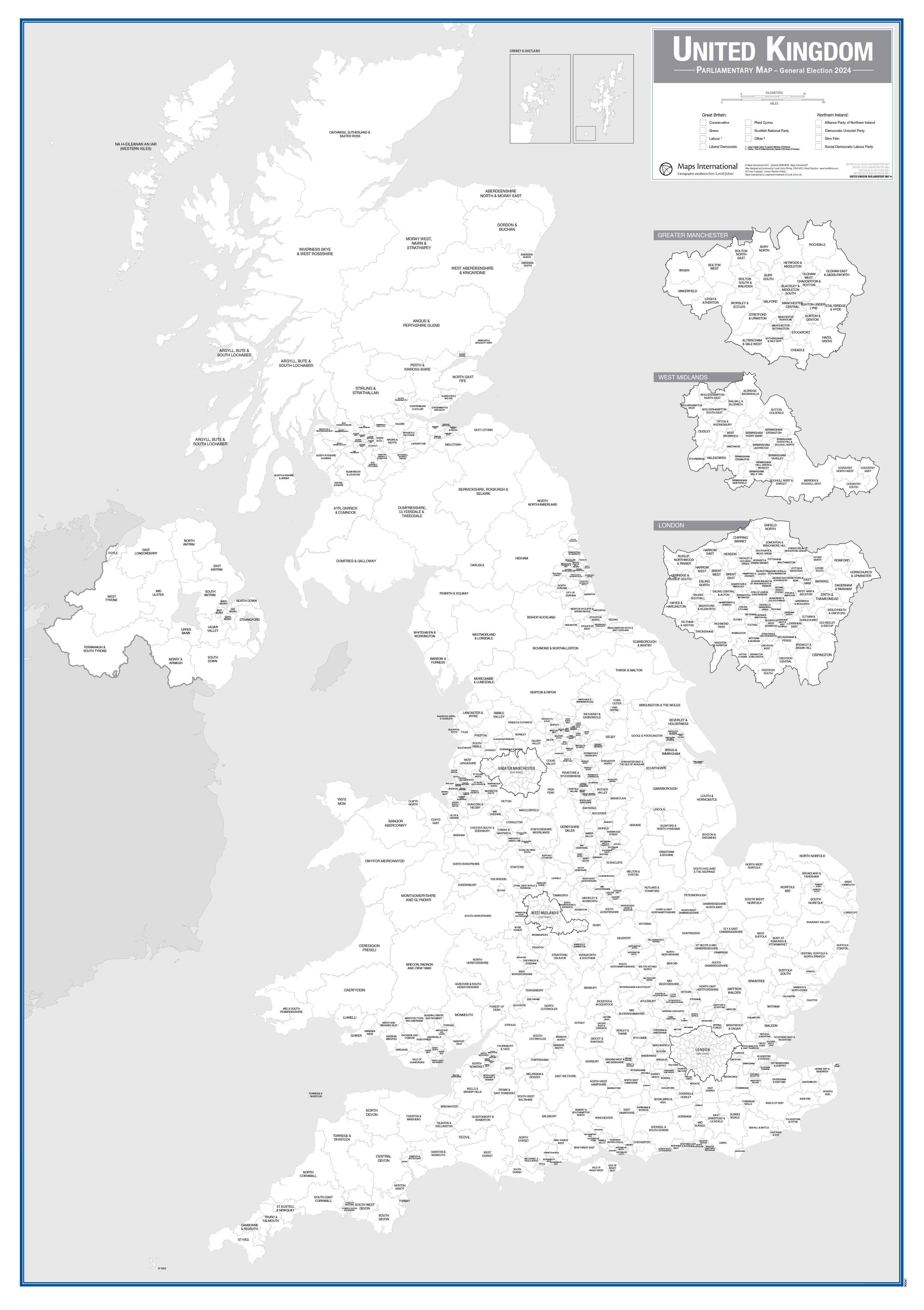 UK00399_L_LBDBL - UK Parliamentary Boundary Outline Map  - with updated boundaries for the 2024 General Election