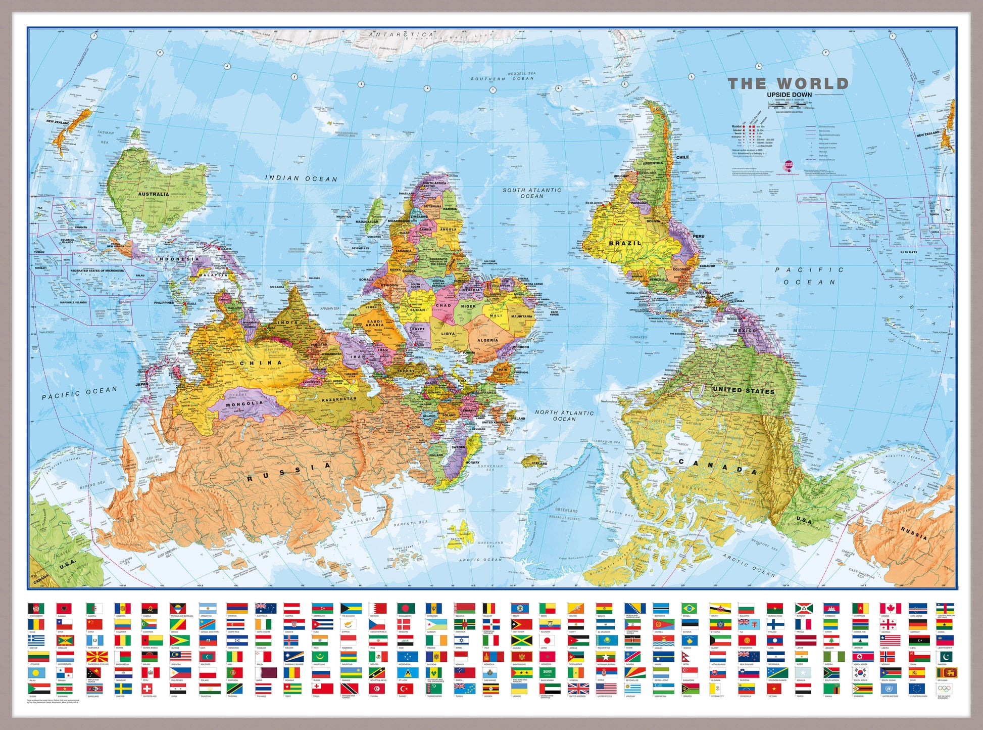 WM00627_L_LBDAL - Upside-down World Wall Map Political with flags