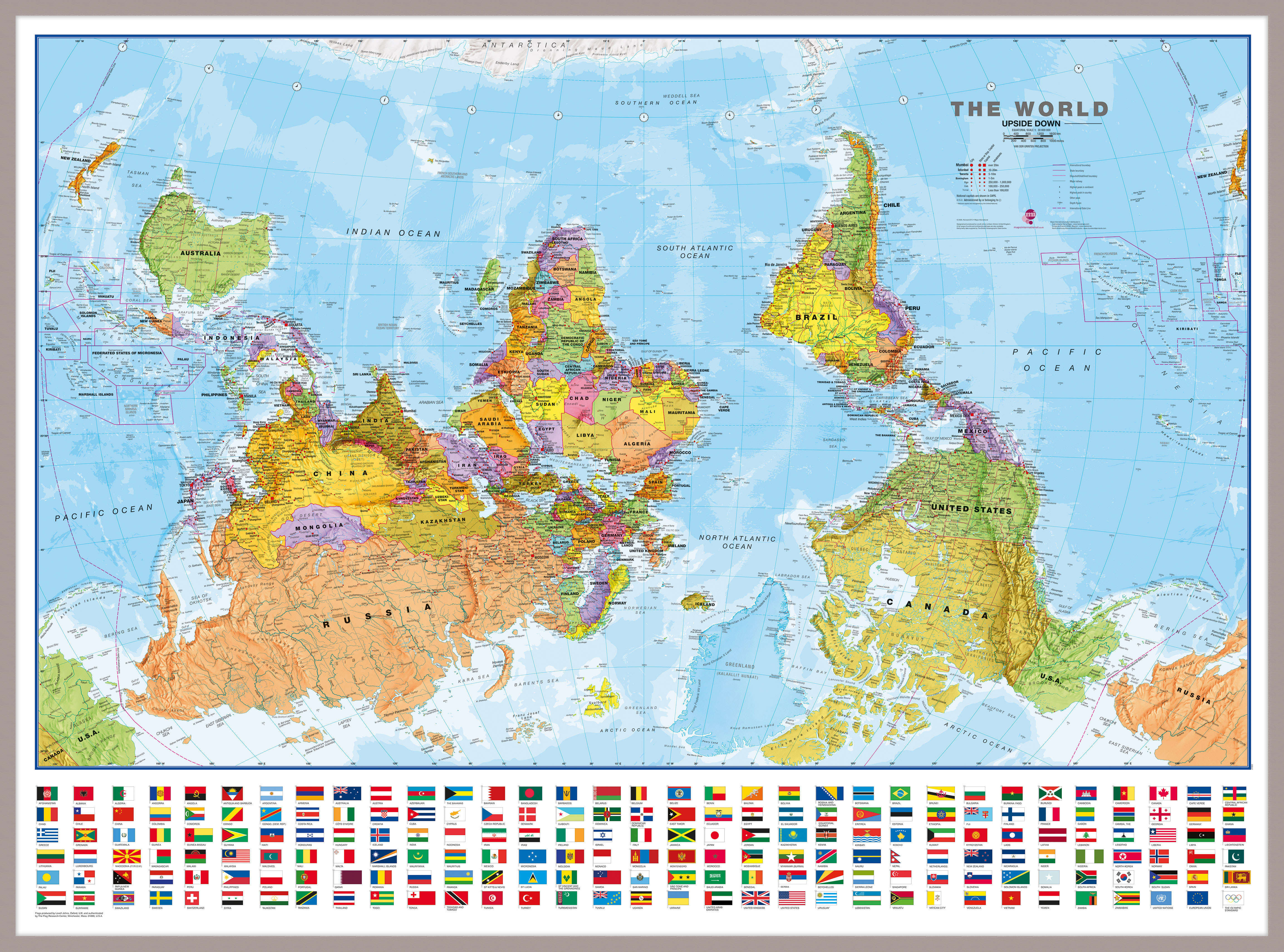 WM00627_L_LBDAL - Upside-down World Wall Map Political with flags