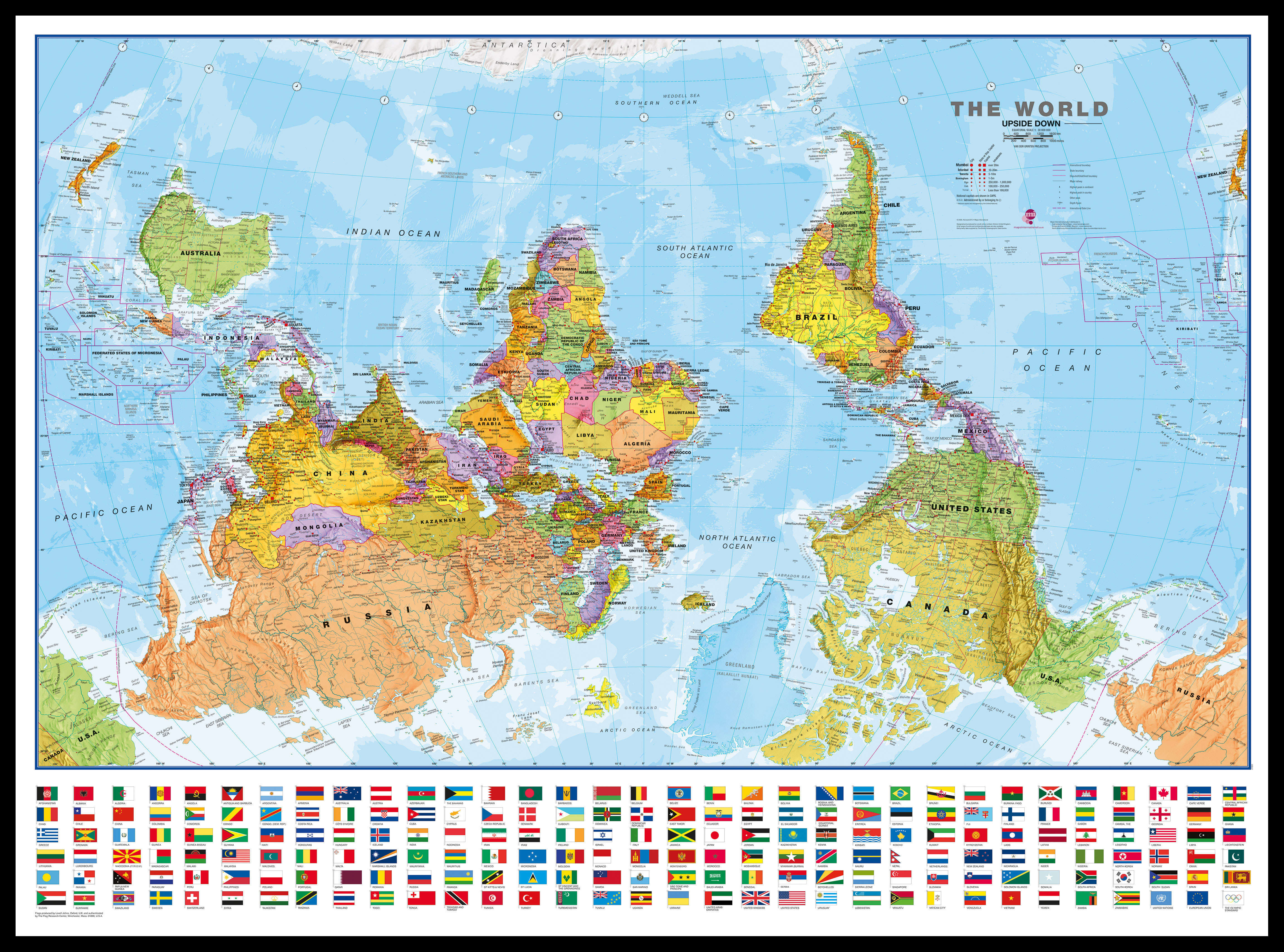 WM00627_L_LBDBL - Upside-down World Wall Map Political with flags