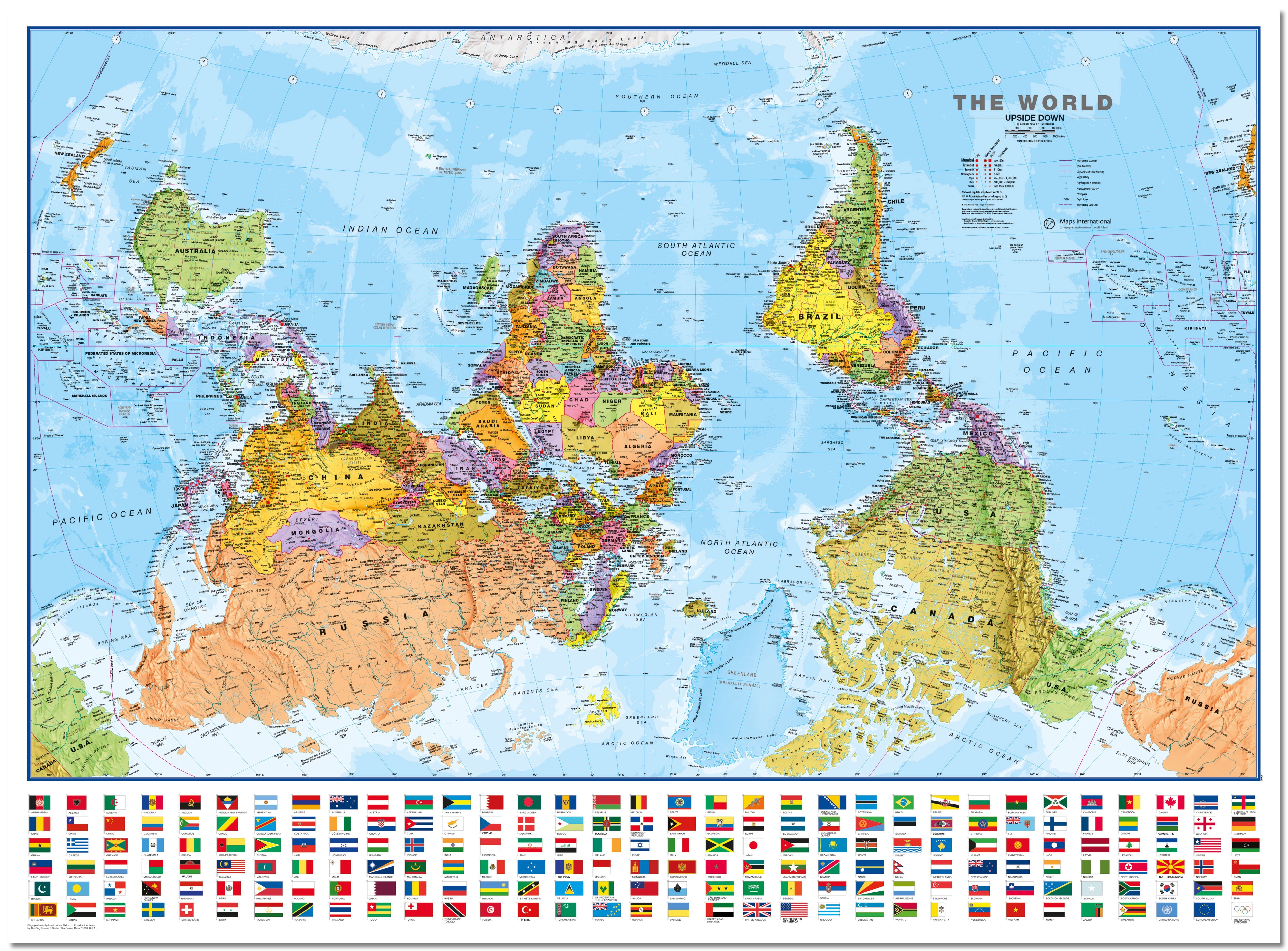 WM00627_L_LMBRD - Upside-down World Wall Map Political with flags