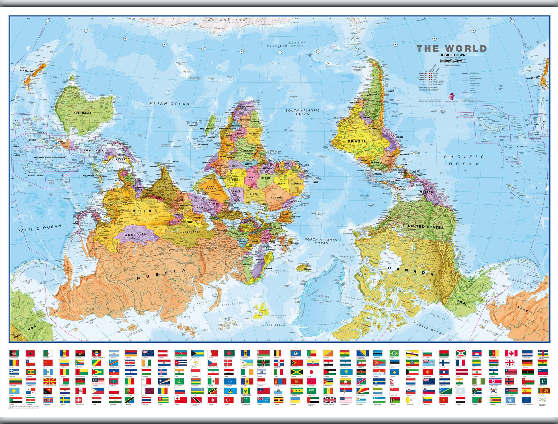 WM00627_L_LAMHB - Upside-down World Wall Map Political with flags