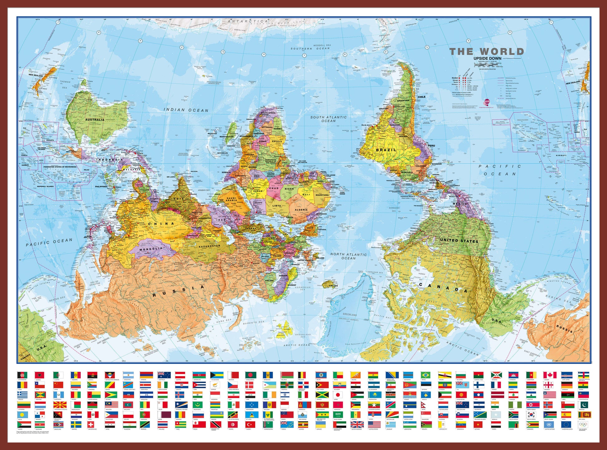 WM00627_L_LBDOK - Upside-down World Wall Map Political with flags