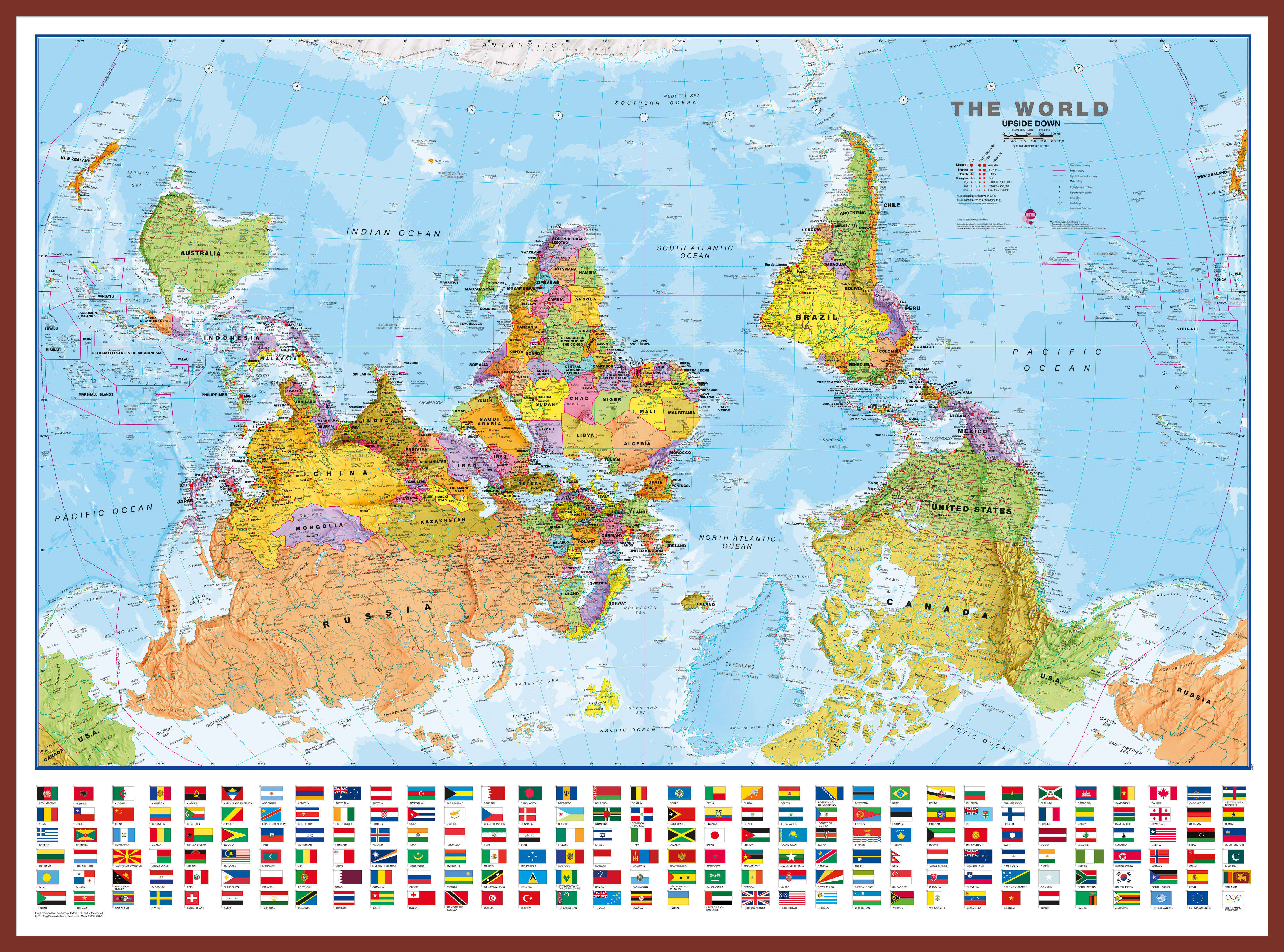 WM00627_L_LBDOK - Upside-down World Wall Map Political with flags