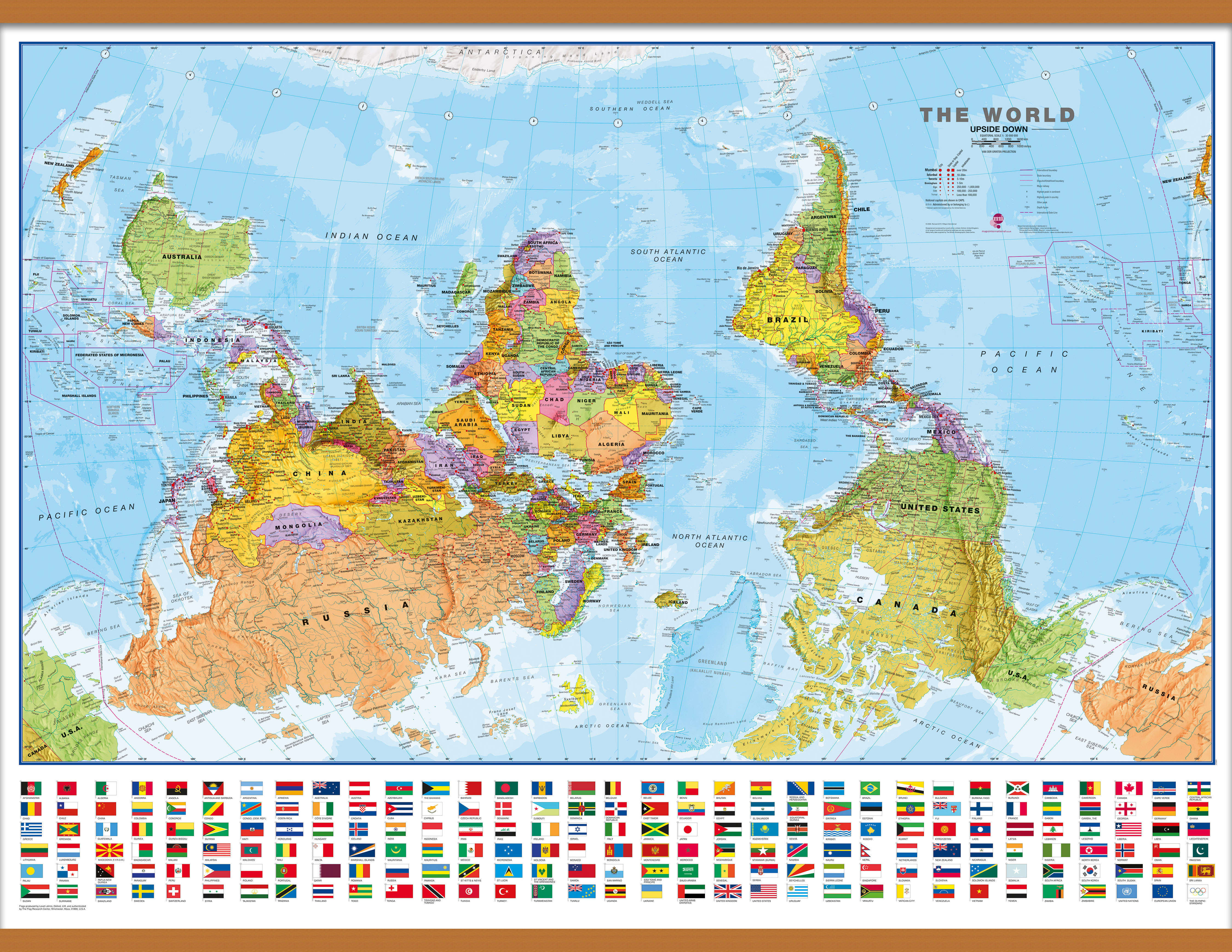 WM00627_L_CWDHB - Upside-down World Wall Map Political with flags