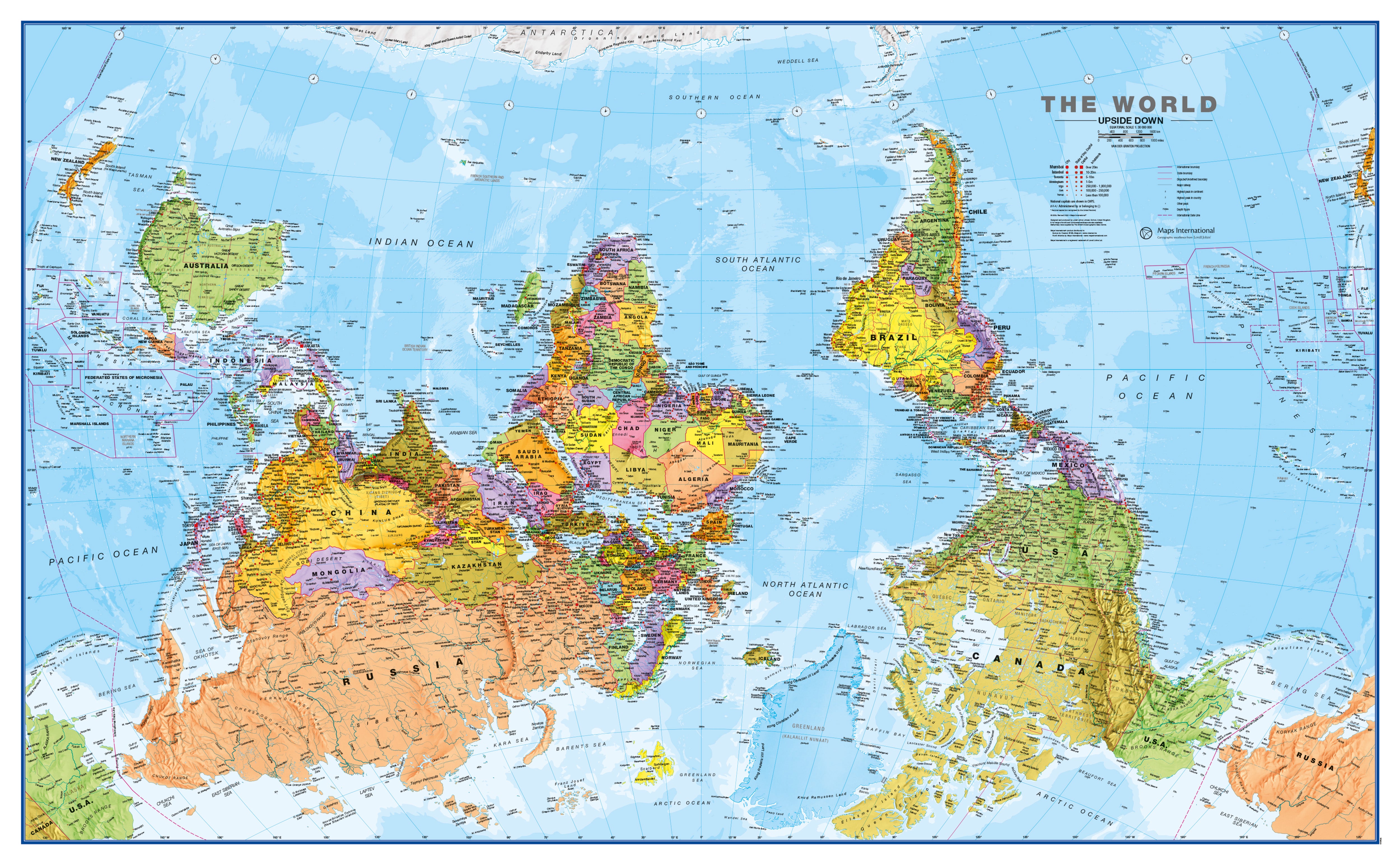 Upside Down World Wall Map Political Without Flags