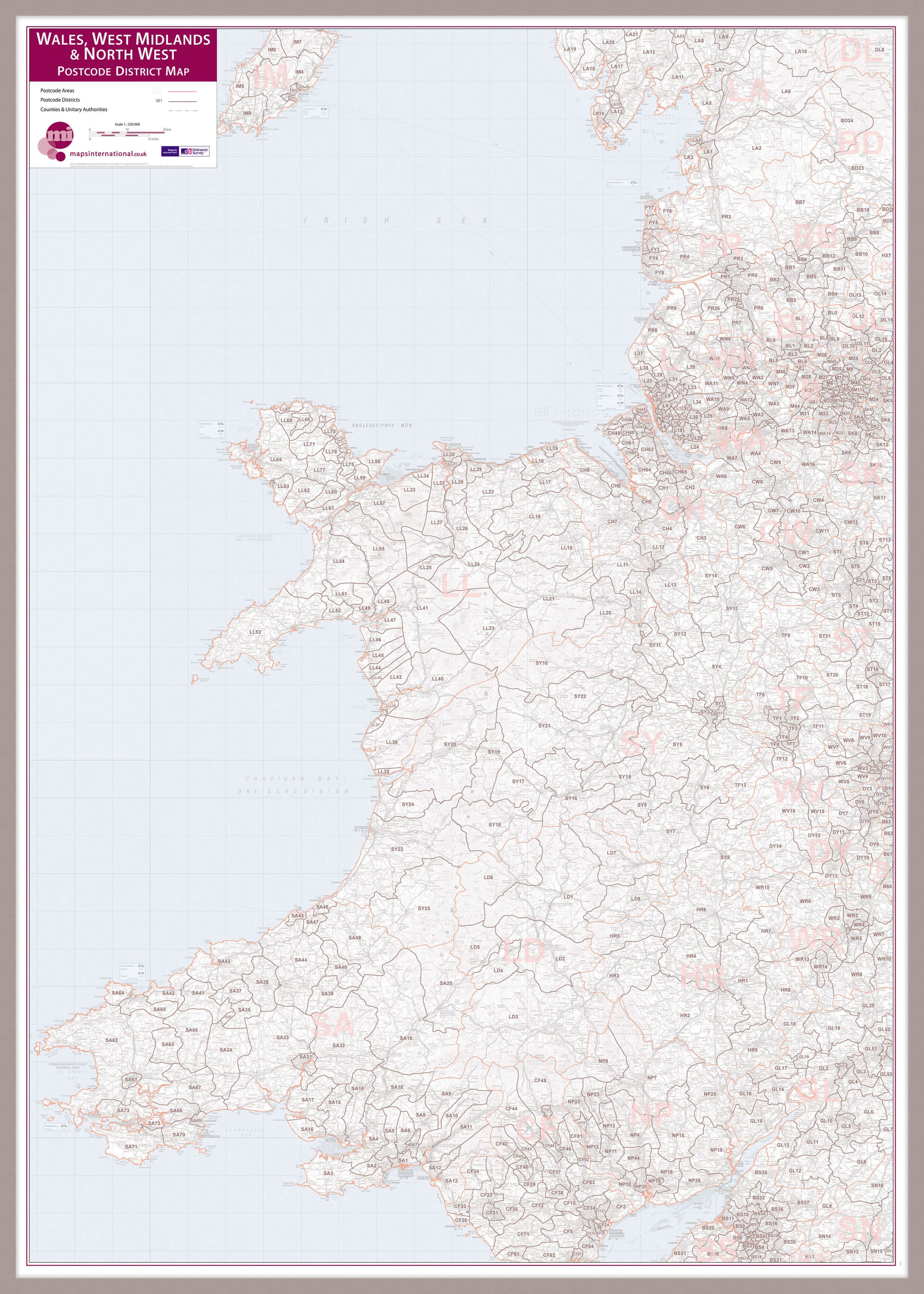 UK00038_L_MGFAL - Wales, West Midlands and North West Postcode District Map