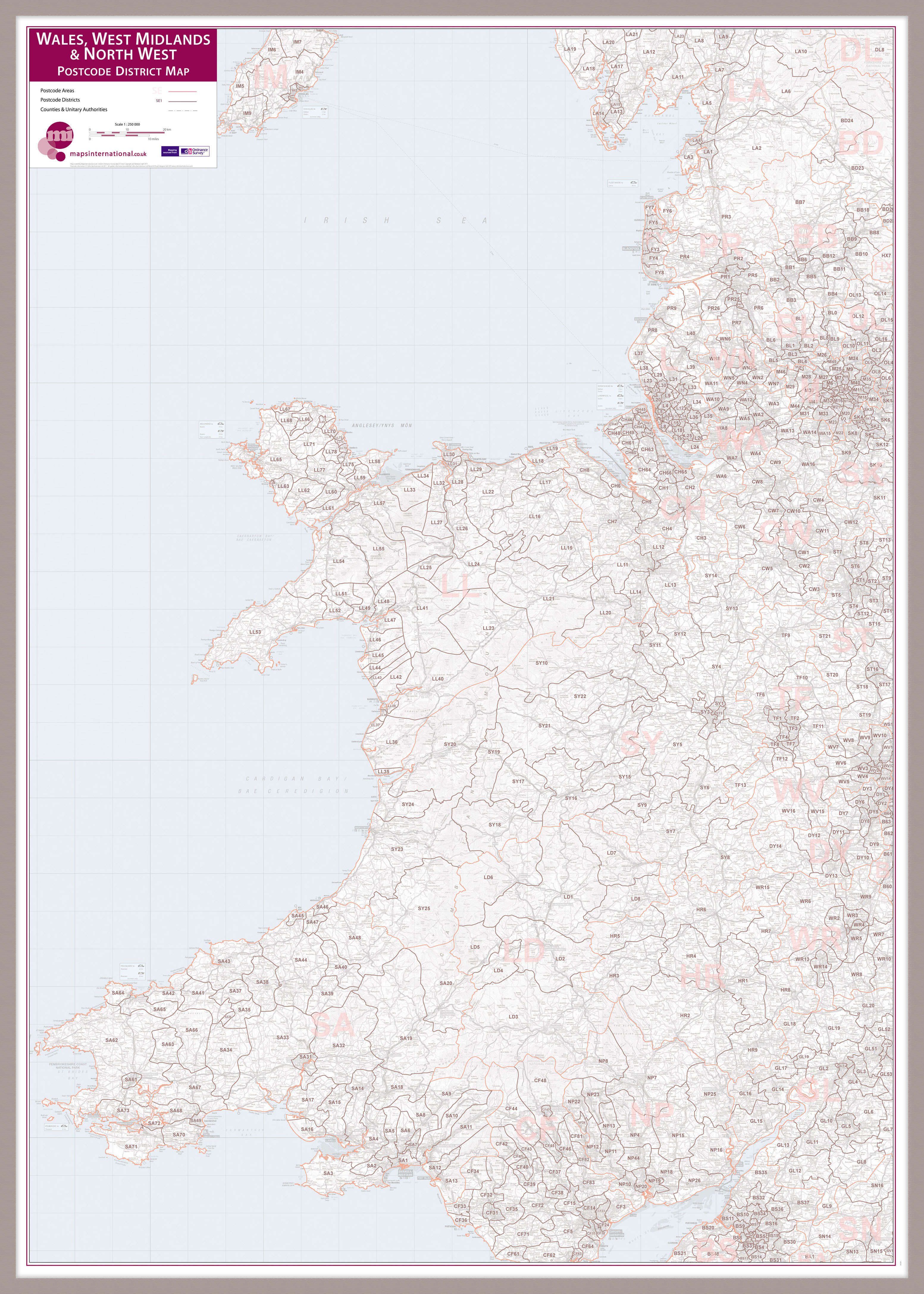 UK00038_L_MGFAL - Wales, West Midlands and North West Postcode District Map